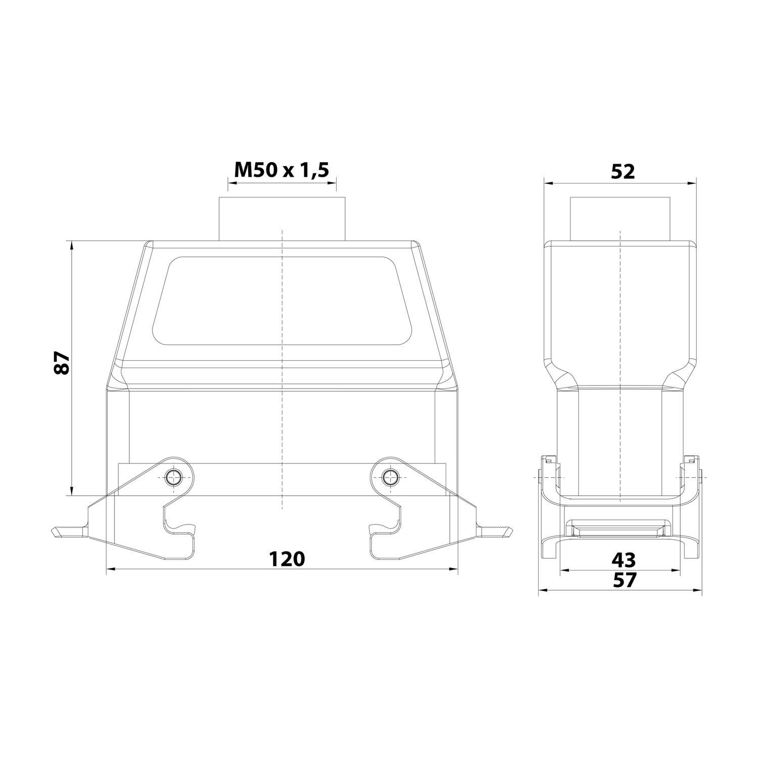 Technische Zeichnung eines rechteckigen Bauteils mit Abmessungen: Breite 120 mm, Höhe 87 mm. Enthält Front- und Seitenansicht.