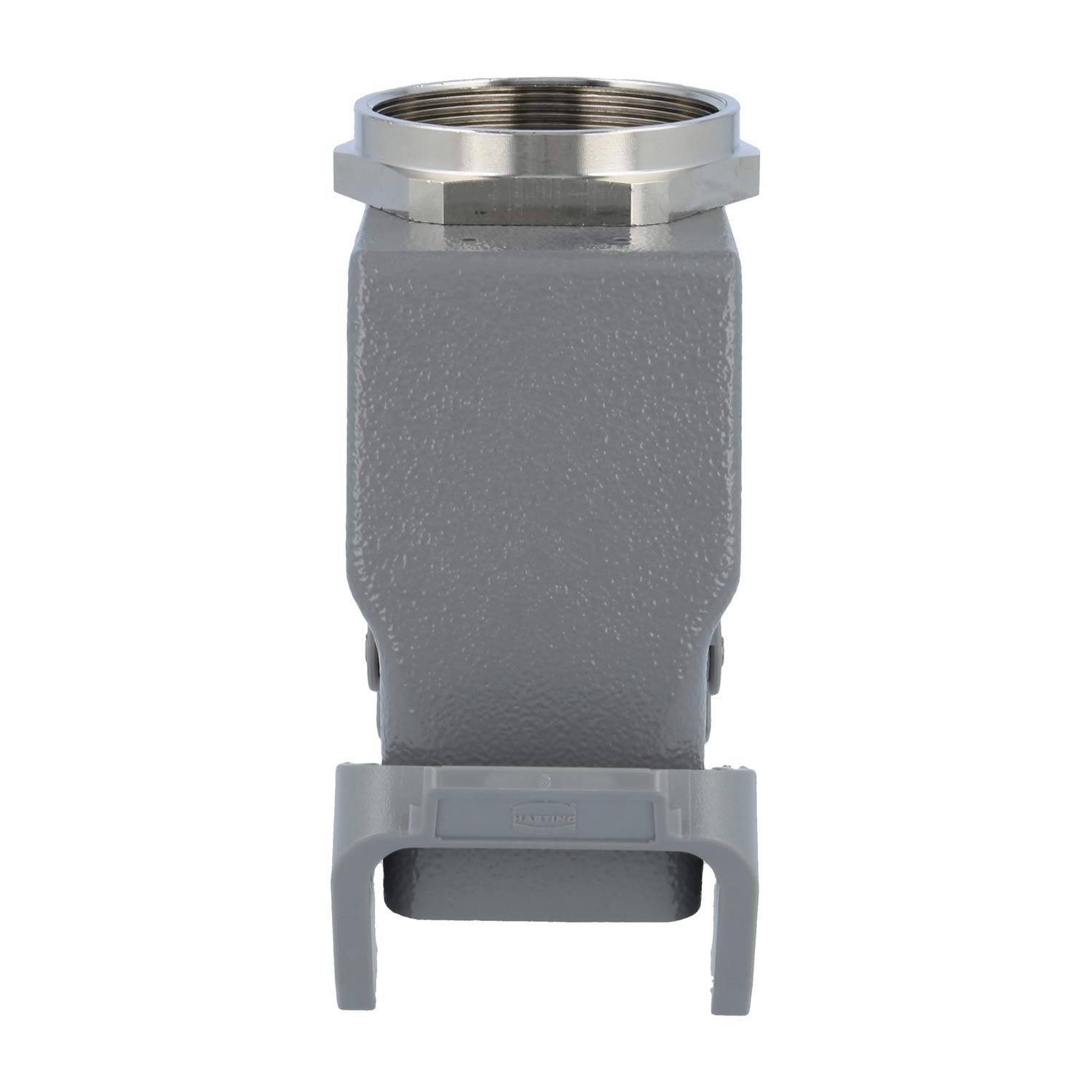 Ein grau-metallfarbenes, rechteckiges industrielles Anschlussgehäuse mit einer Gewindeöffnung an der Oberseite. Das Gehäuse verfügt über eine Basis mit Verriegelungsmechanismen.