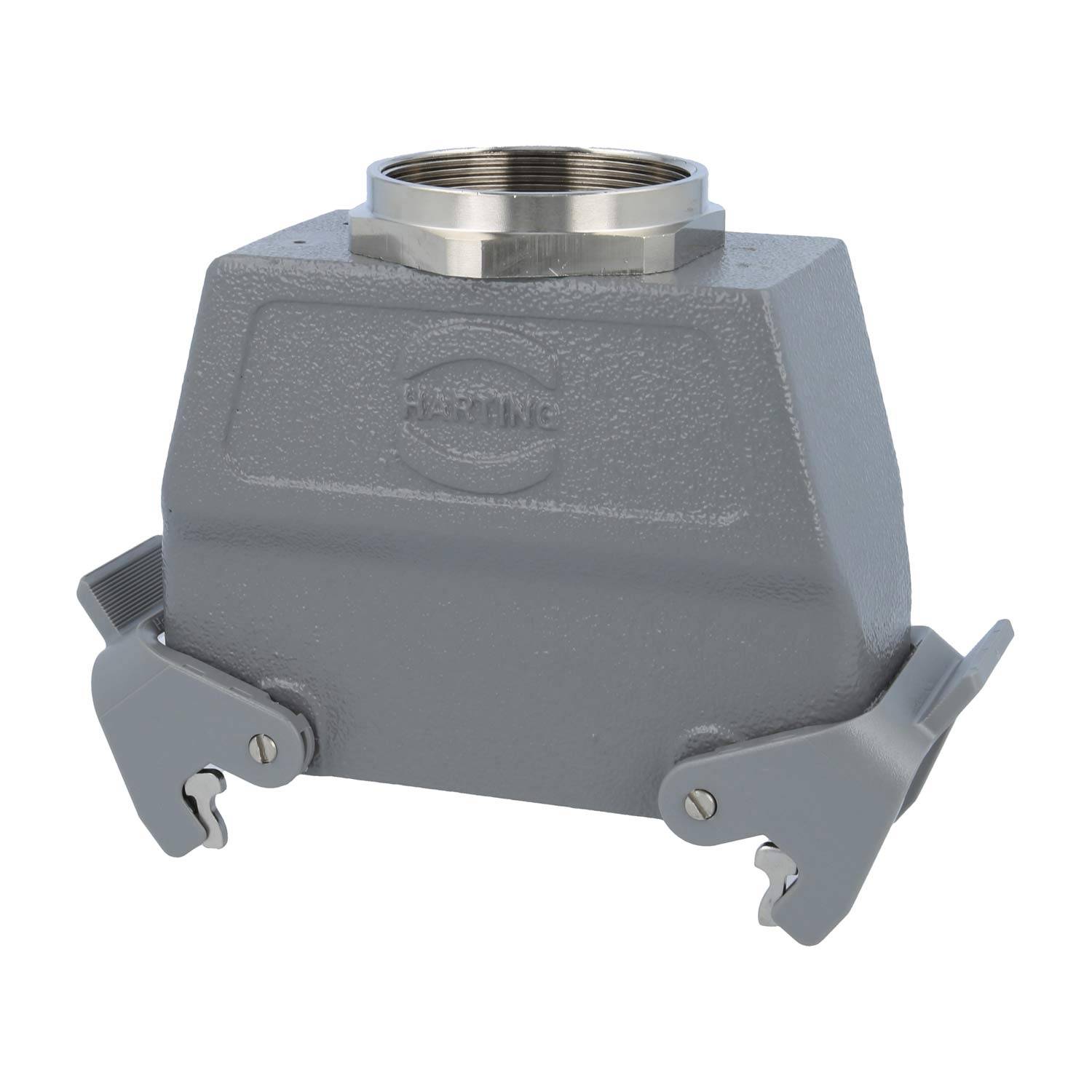 Ein robustes, industrielles Anschlussgehäuse in Grau, ausgestattet mit einer Metallschraubkappe oben und zwei Sicherungshebeln an den Seiten.