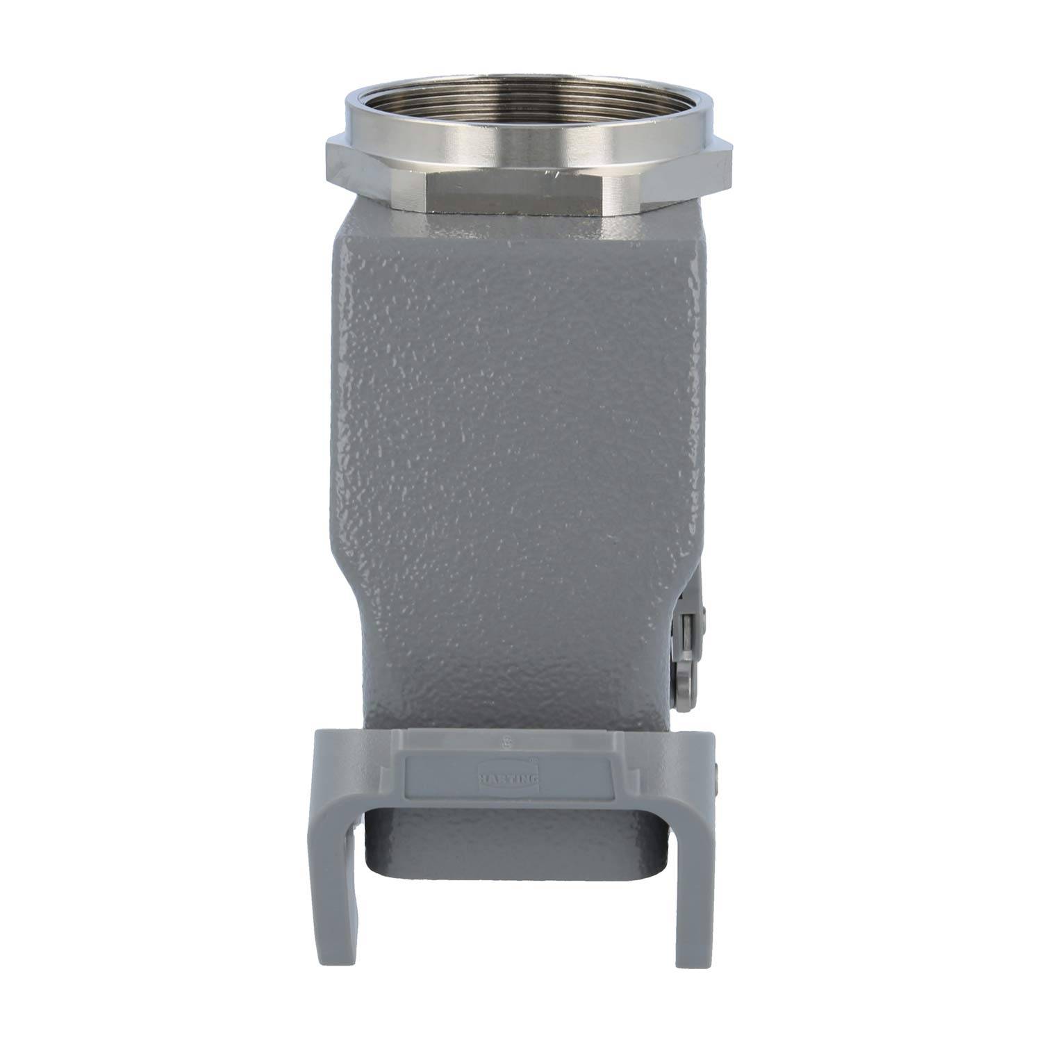 Ein grauer industrieller Anschlussgehäuse mit gerippter Außenseite, ausgestattet mit einem metallfarbenen Schraubdeckel und einem Clip am unteren Ende für eine sichere Befestigung.