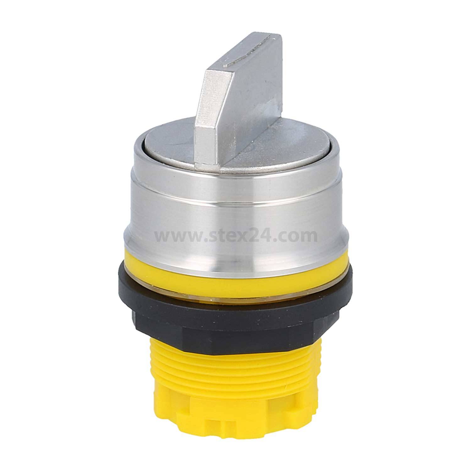 Ein Metall-Kippschalter mit gelber Grundfläche und schwarzem Ring, verwendet zur Steuerung elektrischer Geräte.