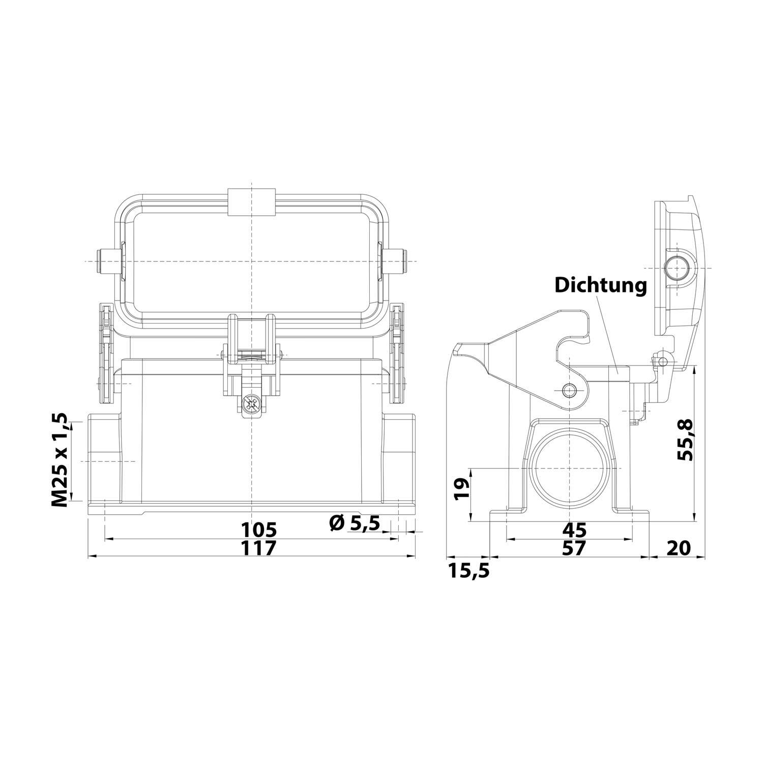 Technische Zeichnung einer zylindrischen mechanischen Komponente mit Maßen in Millimetern, mit einer Dichtung, beschriftet als 'Dichtung'.