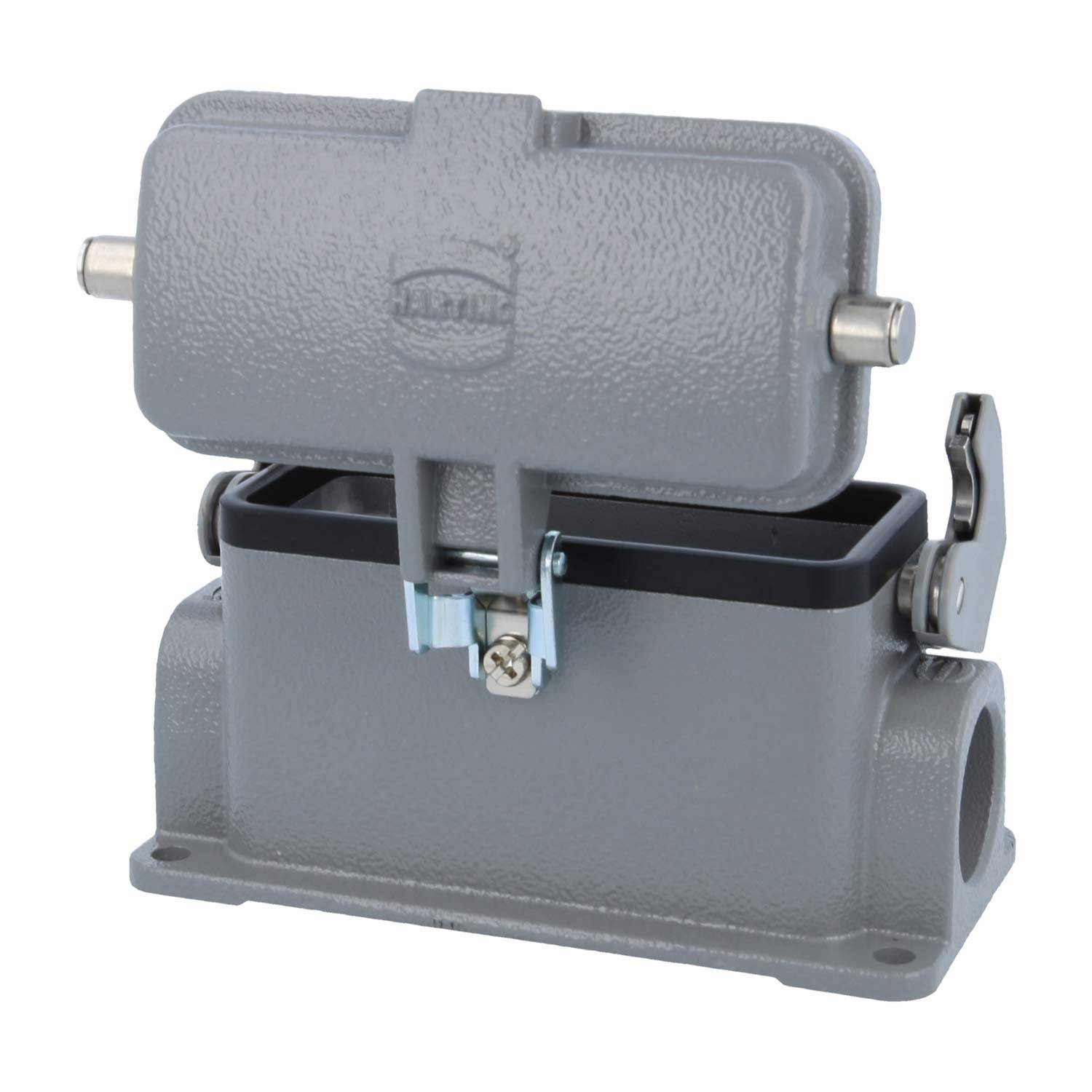 Eine industrielle graue Metallsteckverbinderhaube mit einem Klappdeckel, teilweise geöffnet, die Innenkomponenten sichtbar macht. Verwendet für elektrische Verbindungen.