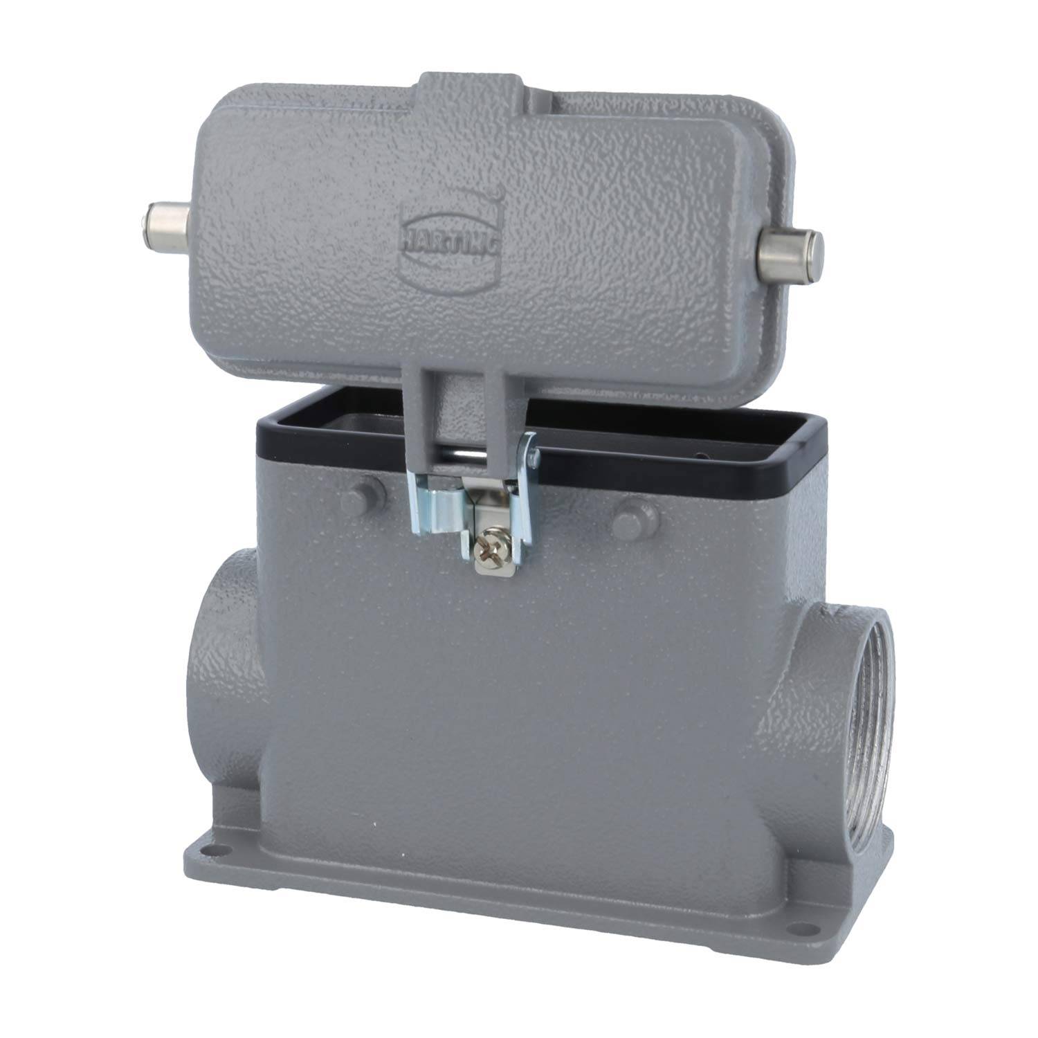 Ein grauer industrieller Anschlussgehäuse mit einem Klappdeckel, konzipiert für robuste elektrische Verbindungen.