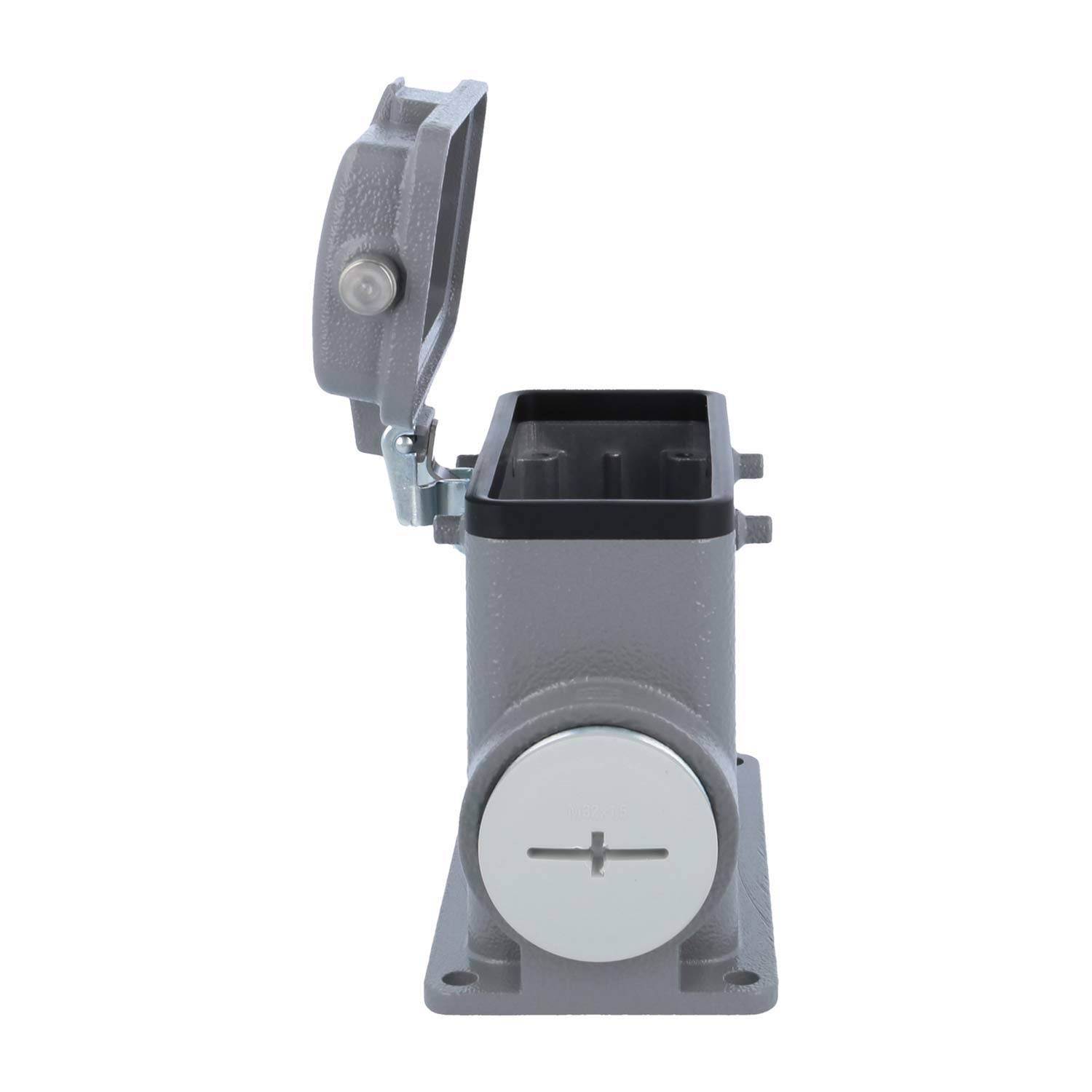 Industrieller Anschlussklemmenblock mit Schutzdeckel' verfügt über einen schützenden Klappdeckel und eine runde Basis, geeignet für elektrische Anschlüsse.