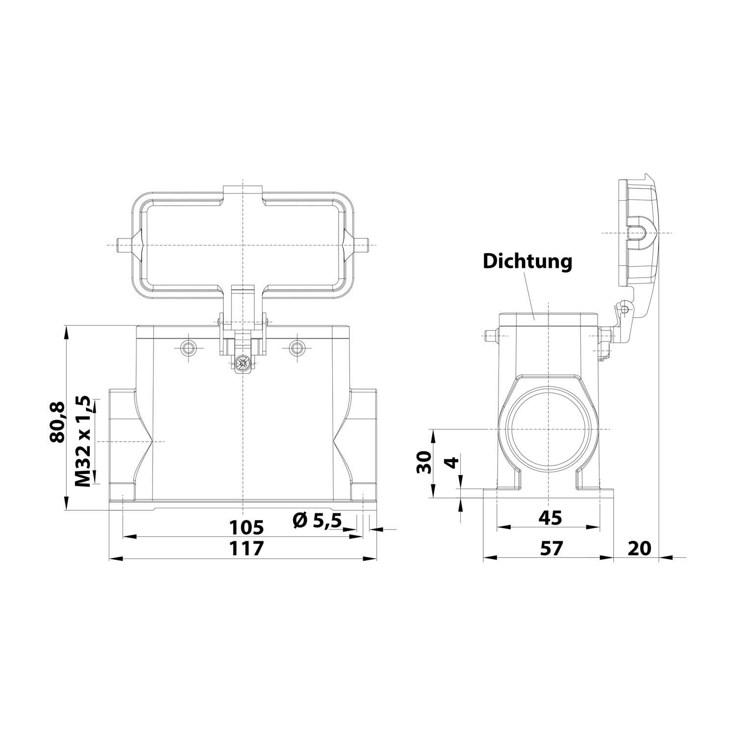 05300162275 HARTING Han 16B Sockelgehäuse hoch, 1xM32 seitlicher Kabelabgang, für 2 Bügel (am Oberteil) mit Schutzkappe