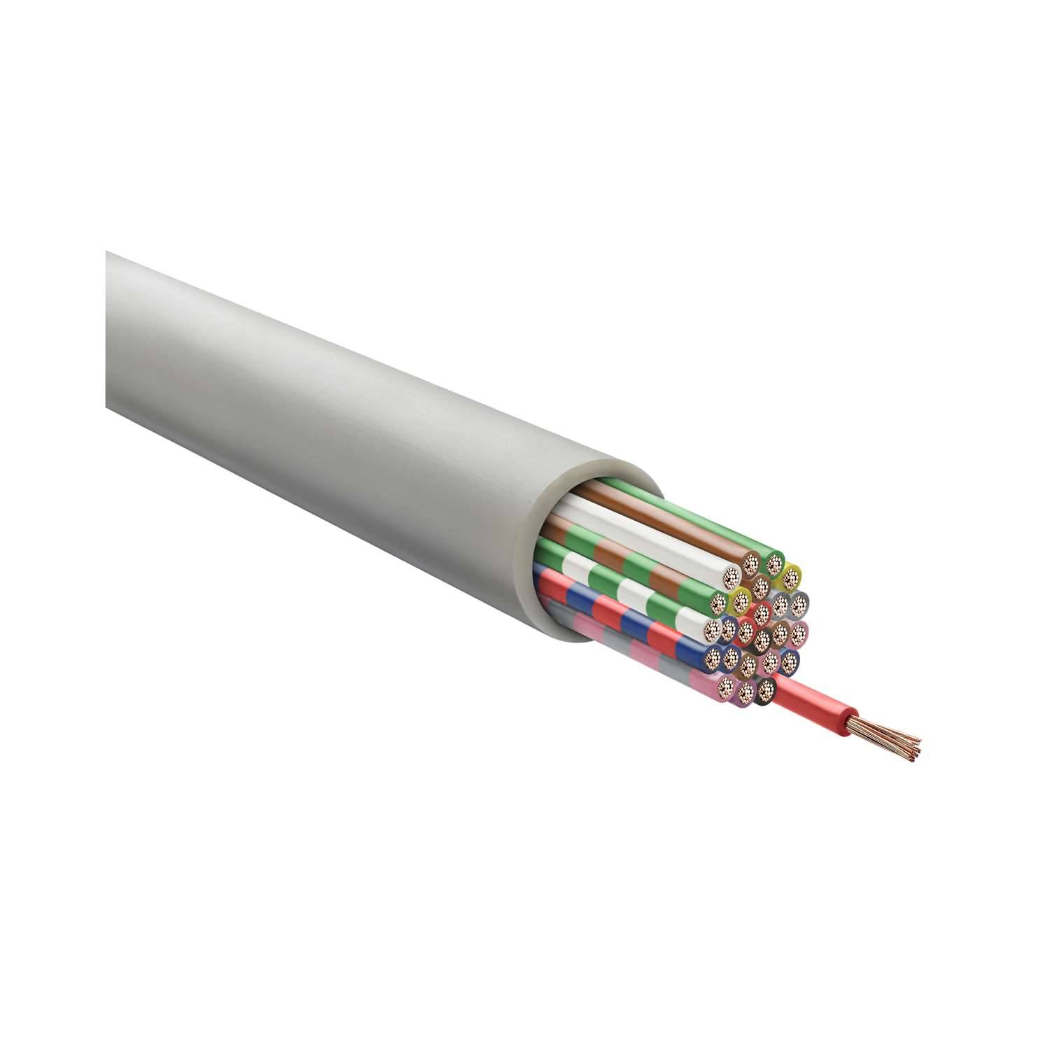 Eine Querschnittansicht eines mehraderigen Elektrokabels mit farbcodierten Drähten, von denen jeder verschiedene Leitungswege darstellt.