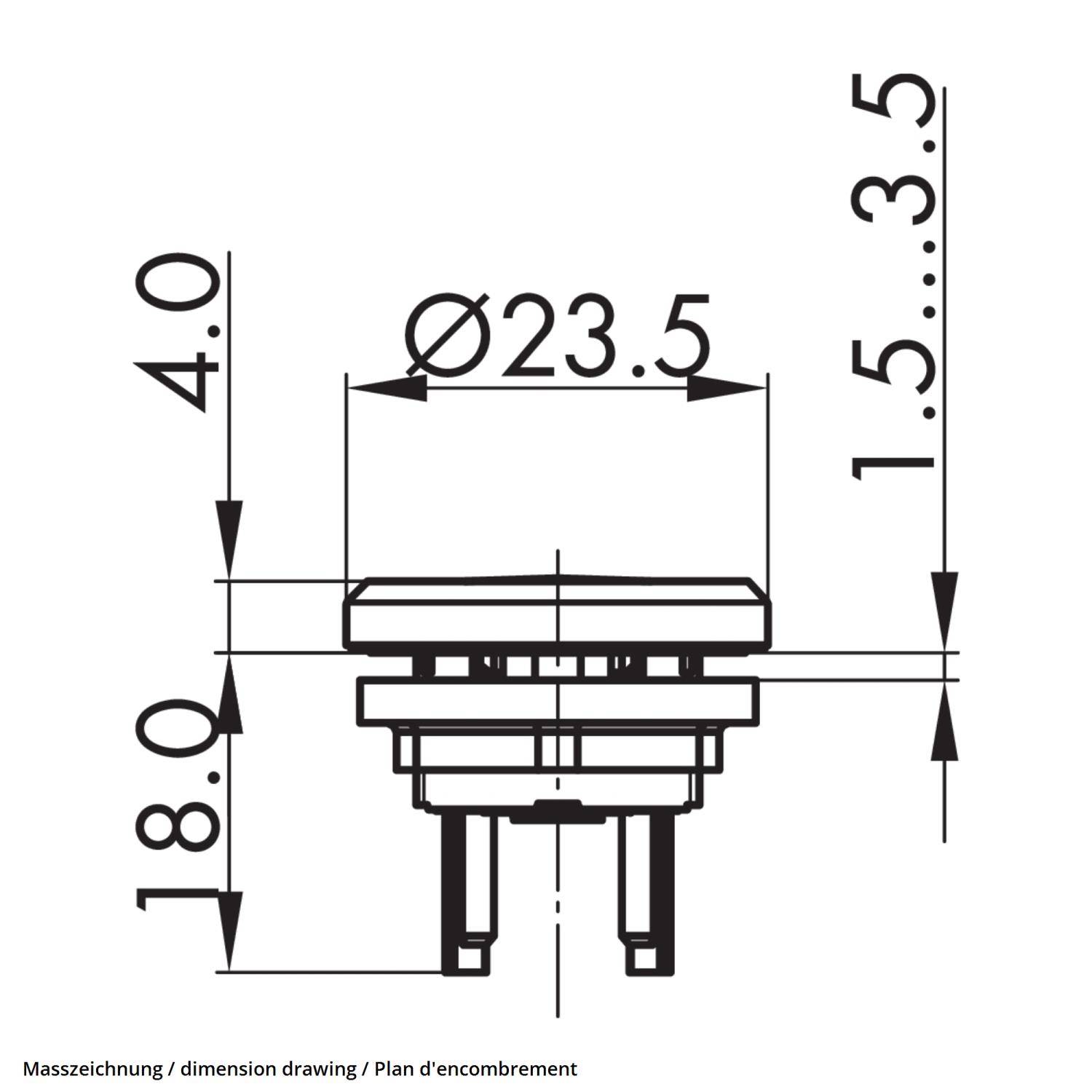 Technische Zeichnung eines runden Tastenschalters, Dimensionen hervorgehoben: Durchmesser 23,5 mm, Höhe 18,0 mm, oberer Bereich 1,5-3,5 mm.
