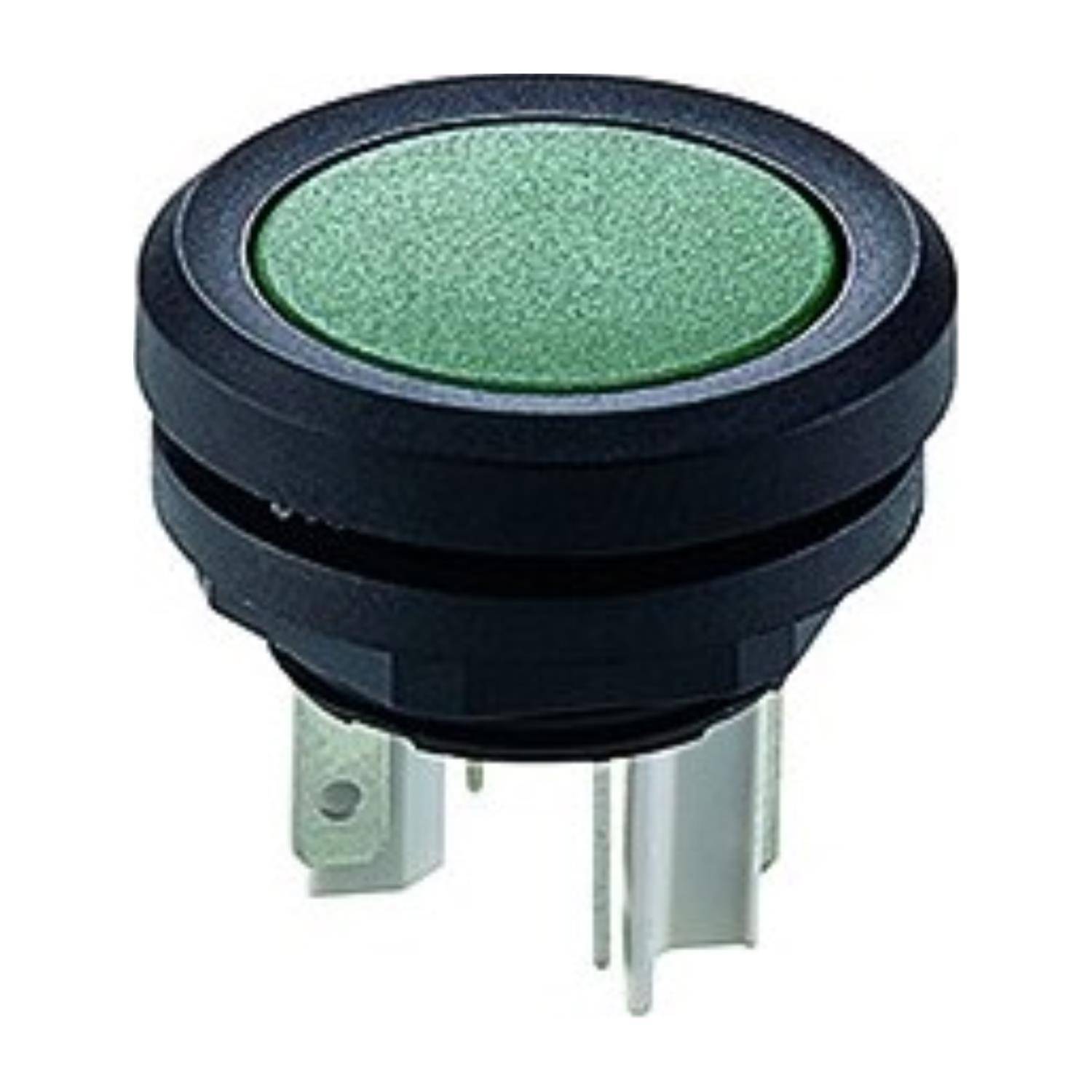 Ein runder, schwarzer Drucktaster mit grüner Oberseite. Er verfügt über Metallstifte für elektrische Verbindungen und wird häufig in elektronischen Geräten eingesetzt.