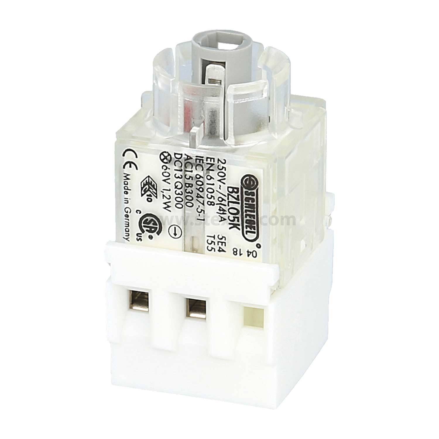 Ein klarer Schalter mit Markierungen '20V-230V' und 'Made in Germany', mit Anschlussports am unteren Ende.