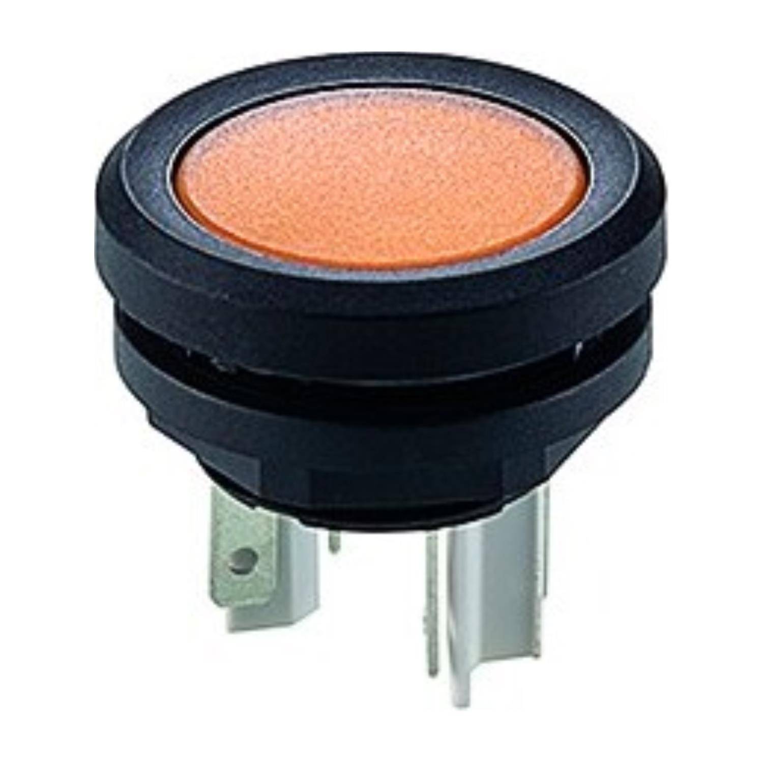 Ein runder, orangefarbener Drucktaster mit einem schwarzen Gehäuse, der zwei Metallanschlüsse am unteren Ende für elektronische Verbindungen aufweist.