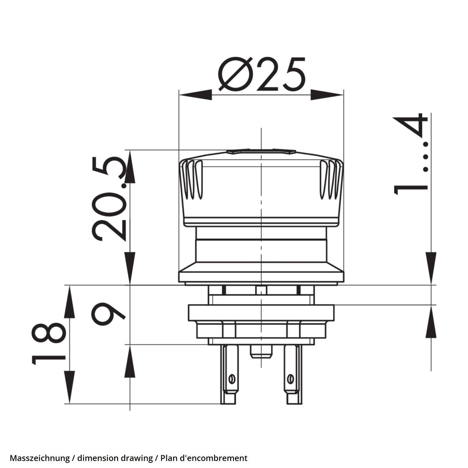 Technische Zeichnung eines Drucktastenschalters mit Maßen: 25 mm Durchmesser, 20,5 mm Höhe und Bauteiltiefe mit 18 mm und 9 mm beschriftet.