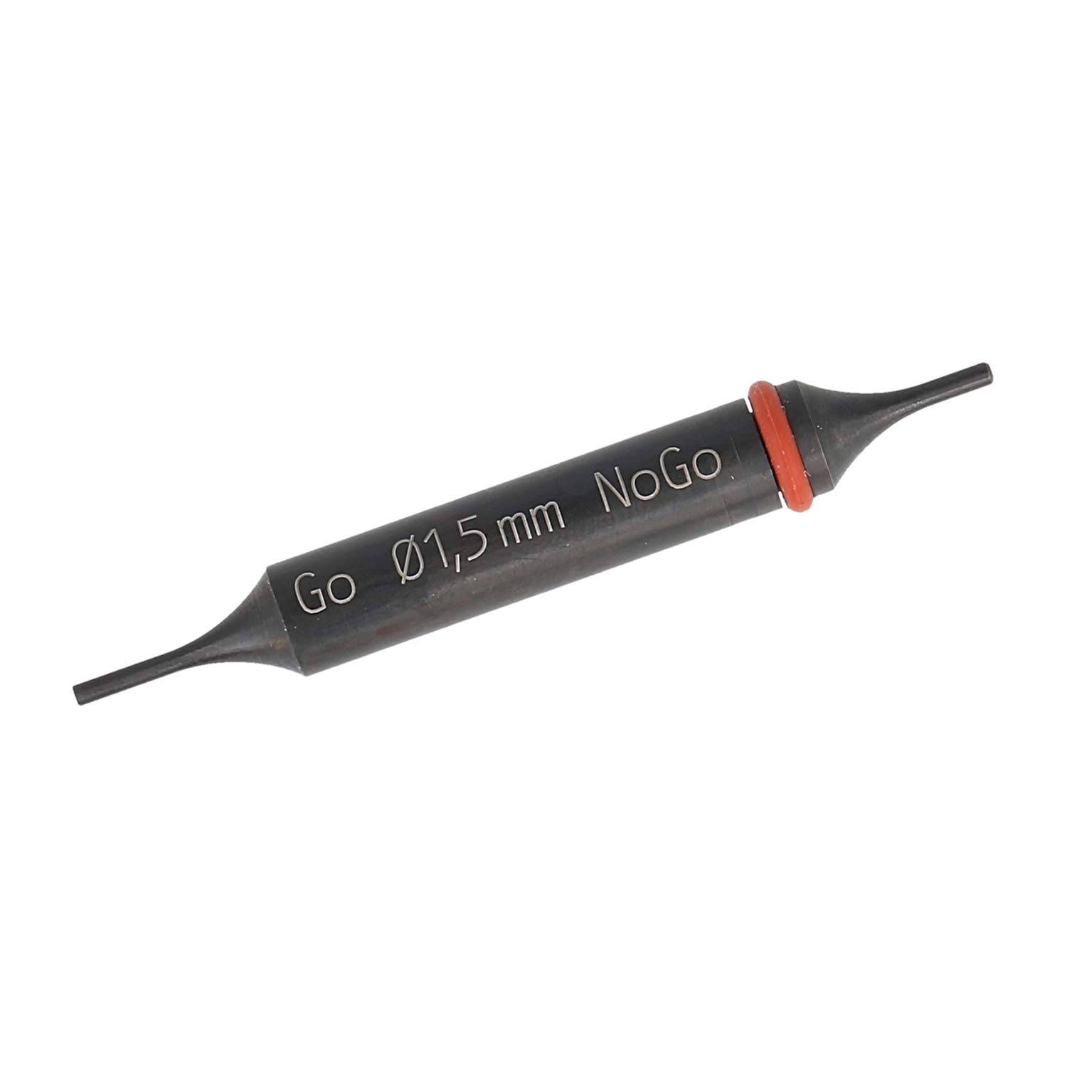 Ein Go/No-Go-Lehrdorn mit der Gravur 'Go Ø1.5 mm NoGo', der eine rote Bandmarkierung auf einer Hälfte aufweist und zur Messung spezifischer Toleranzen verwendet wird.