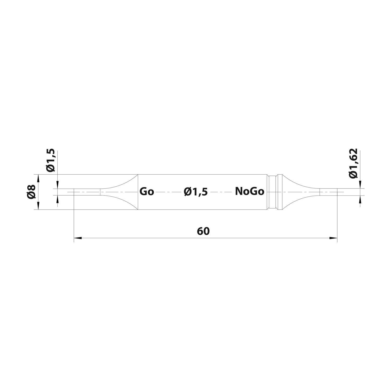 Diagramm eines Messwerkzeugs mit Abschnitten, die als Go und NoGo gekennzeichnet sind, mit Messungen von Ø1,5, Längenangaben von 8, 30, 60 insgesamt, Ø1,62 und Ø1,5 sowie zusätzlichen Durchmessermarkierungen.