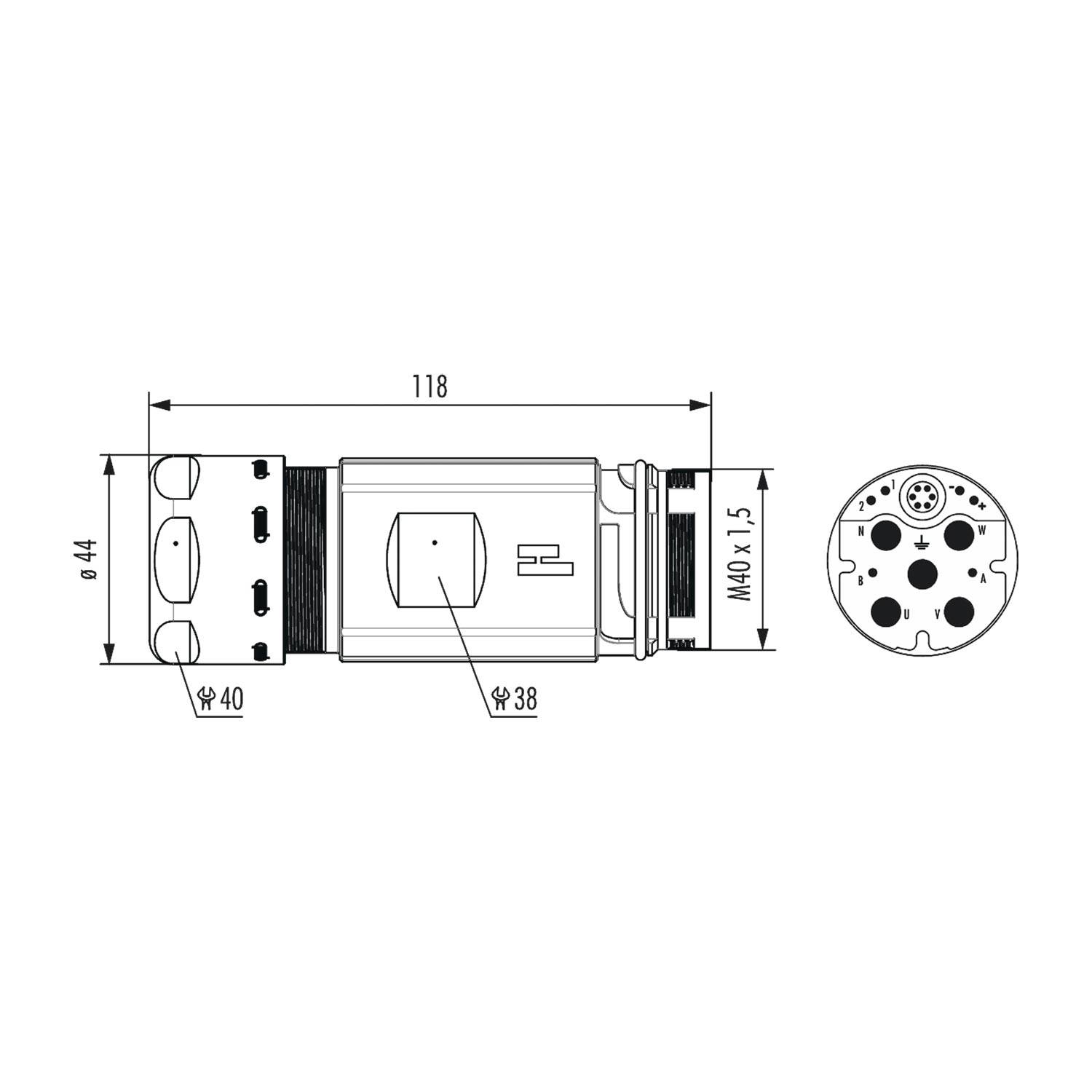 Elektrischer Verbinderdiagramm mit Maßangaben: Länge 118 mm, Durchmesser 44 mm. Beschriftungen umfassen M40X1.5 und 40, 38 Dimensionen.
