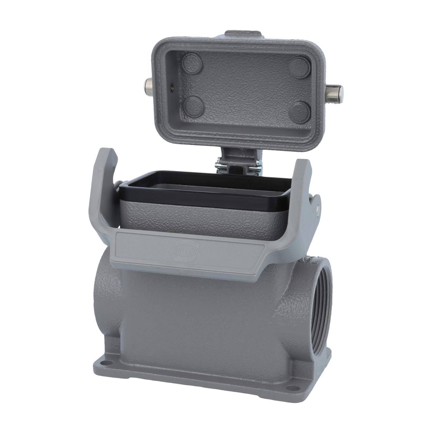 09300102298 HARTING Han 10B Sockelgehäuse hoch, 2xPG29 seitlicher Kabelabgang, mit 1 Längsbügel mit Schutzkappe Metall