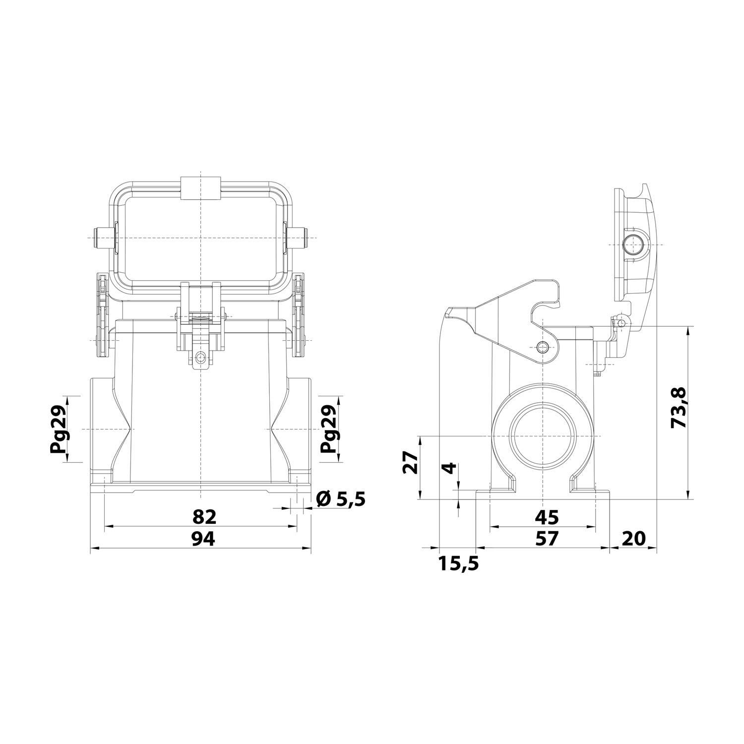 Technische Zeichnung einer mechanischen Komponente mit zwei Ansichten: Vorder- und Seitenansicht. Abmessungen umfassen 82, 94, 5,5, 45, 57, 15,5, 73,8, 20, 27.
