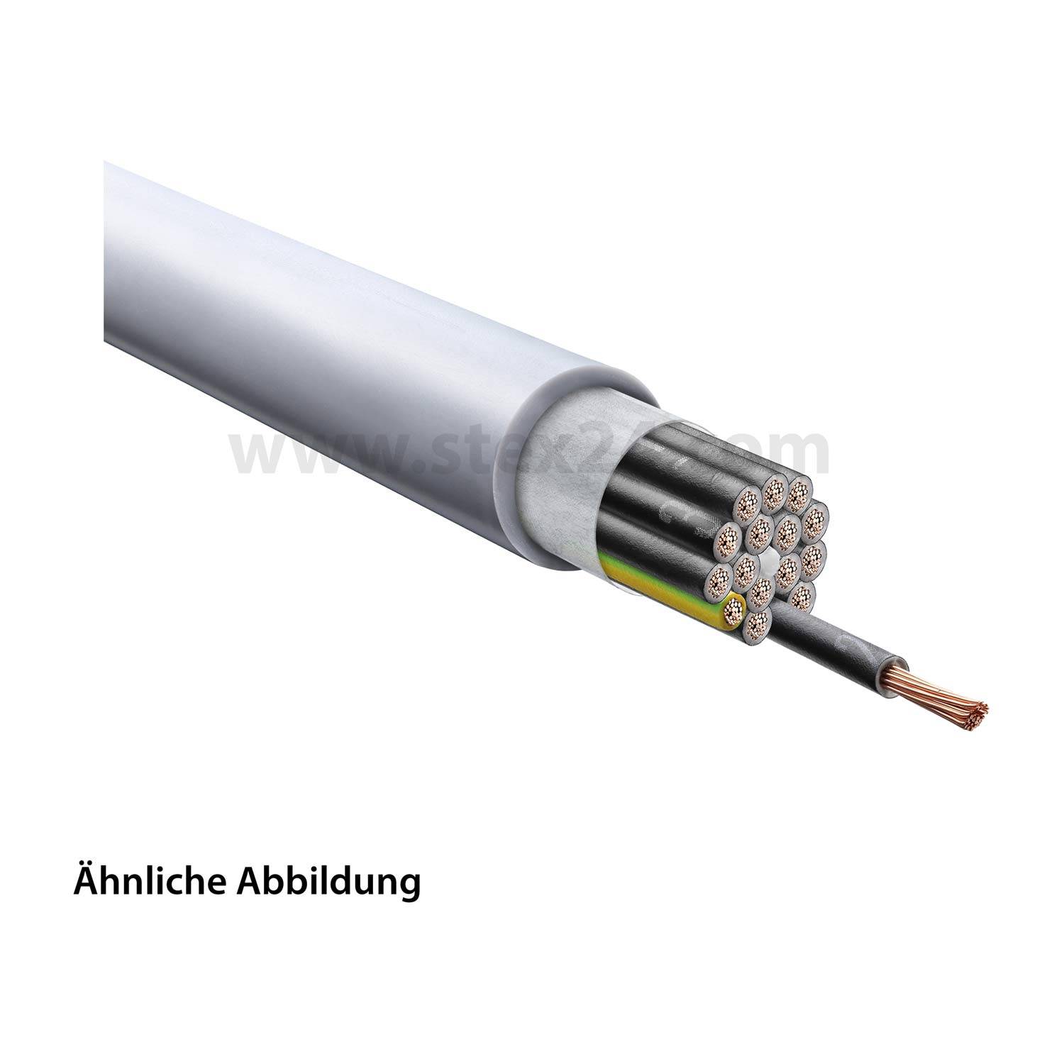 Eine ähnliche Darstellung und eine Nahaufnahme eines mehradrigen elektrischen Kabels mit sichtbaren Kupferdrähten am Ende.