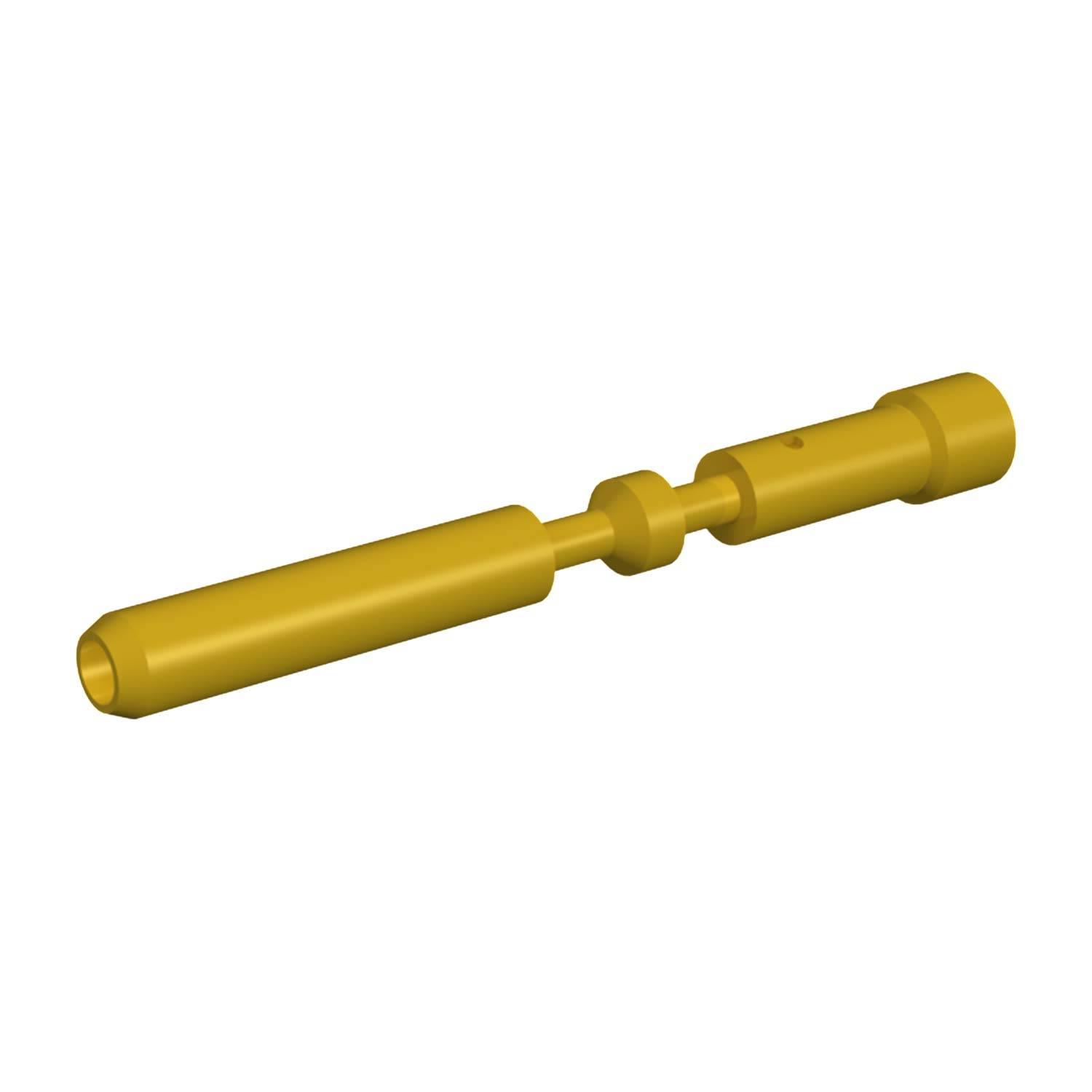 Ein gelber stabförmiger mechanischer Teil mit einem zentralen Gelenk und unterschiedlichem Durchmesser.