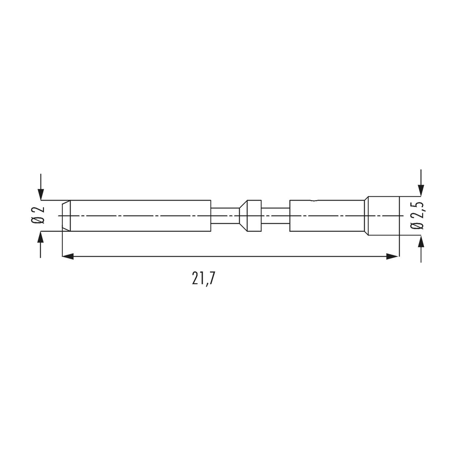 Technische Zeichnung einer Zylinderstange mit Abmessungen: 21,7 Länge, 2 mm und 2,5 mm Durchmesser, mit Kerben und Bunden.