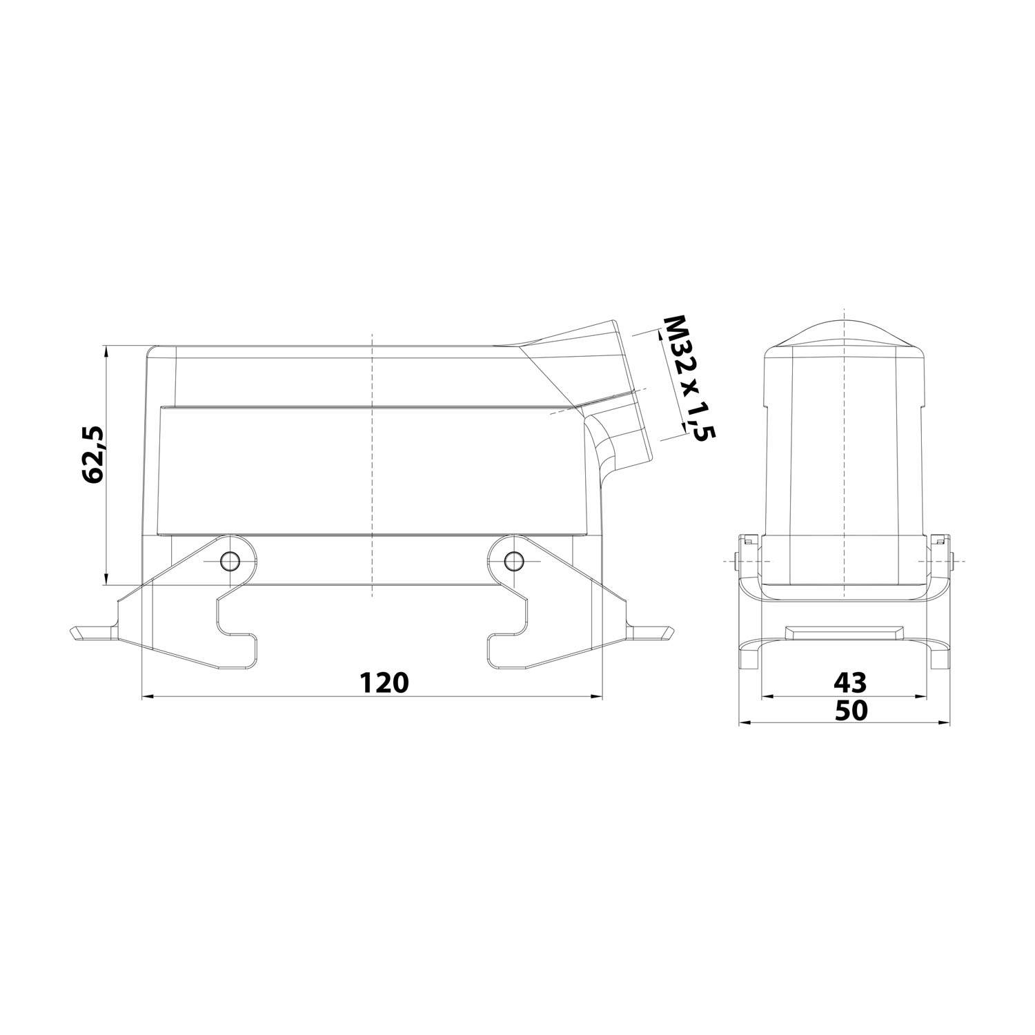 Technische Zeichnung mit Abmessungen einer mechanischen Komponente: Länge 120 mm, Breite 50 mm, Höhe 62,5 mm, mit einem Gewindeloch gekennzeichnet als 'M32x1,5'.