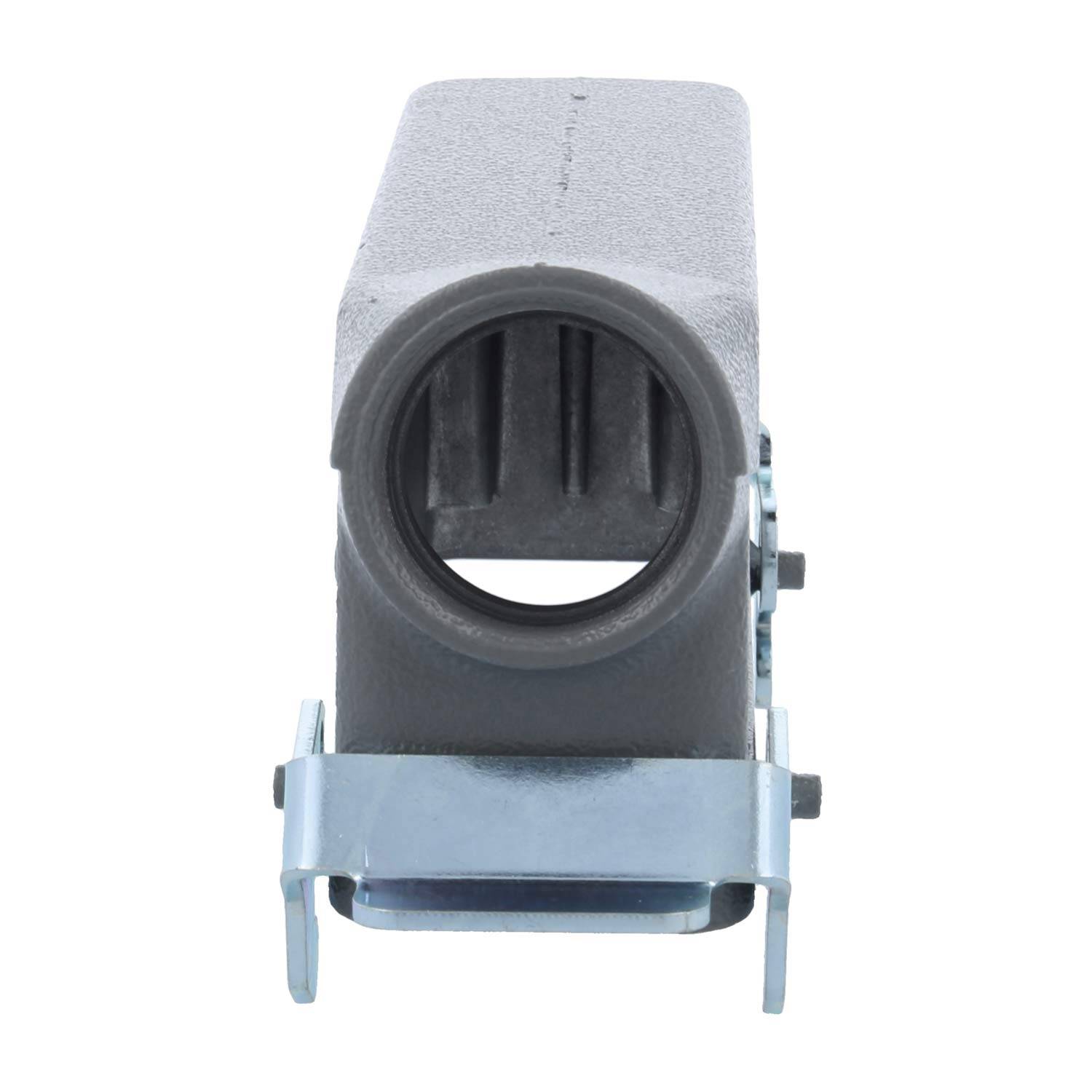 Ein grauer rechteckiger Metallgehäuse mit einer kreisförmigen Öffnung an einem Ende, gestützt von einer Metallhalterung.