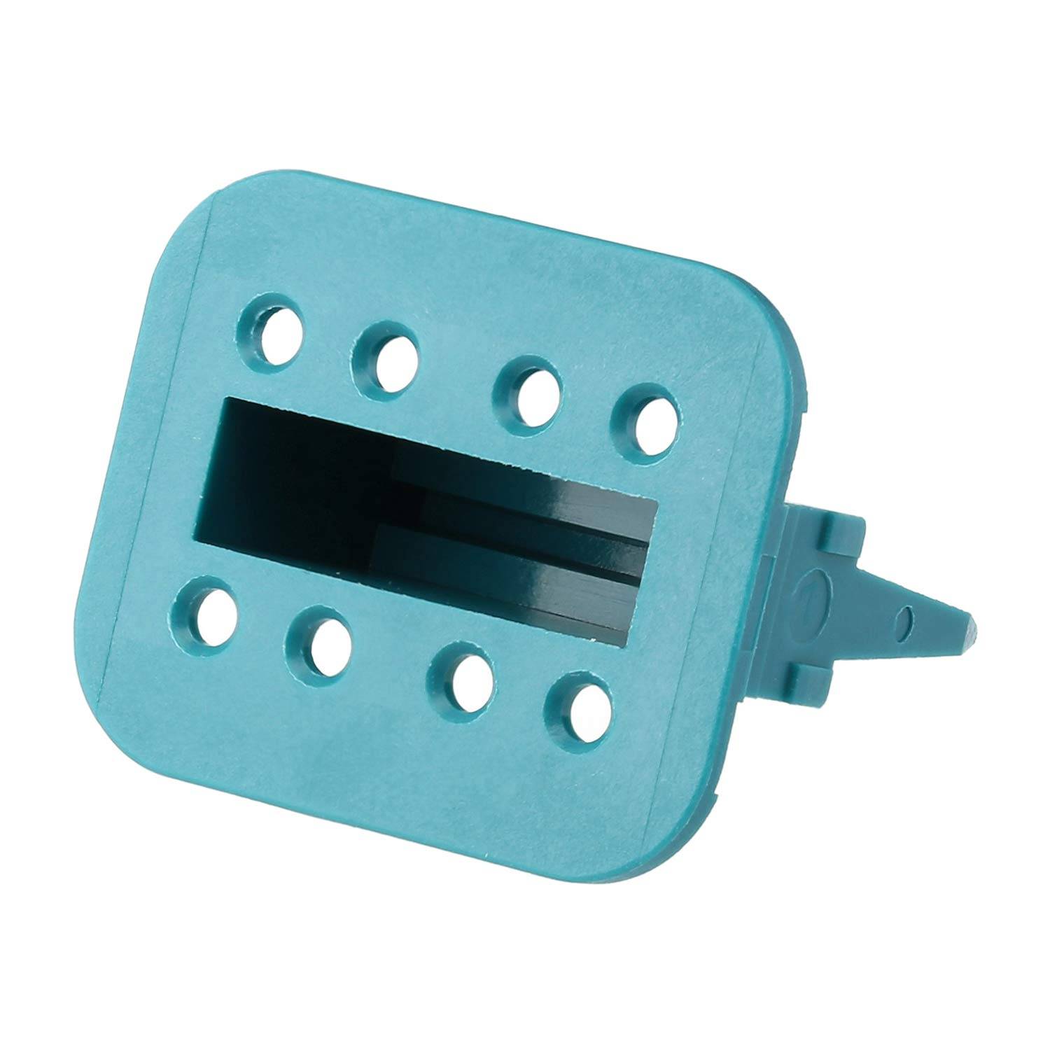 Eine blaue Plastikklammer mit abgerundeten Ecken und sechs Löchern, die zum Befestigen von Gegenständen oder zum Organisieren von Kabeln verwendet wird.