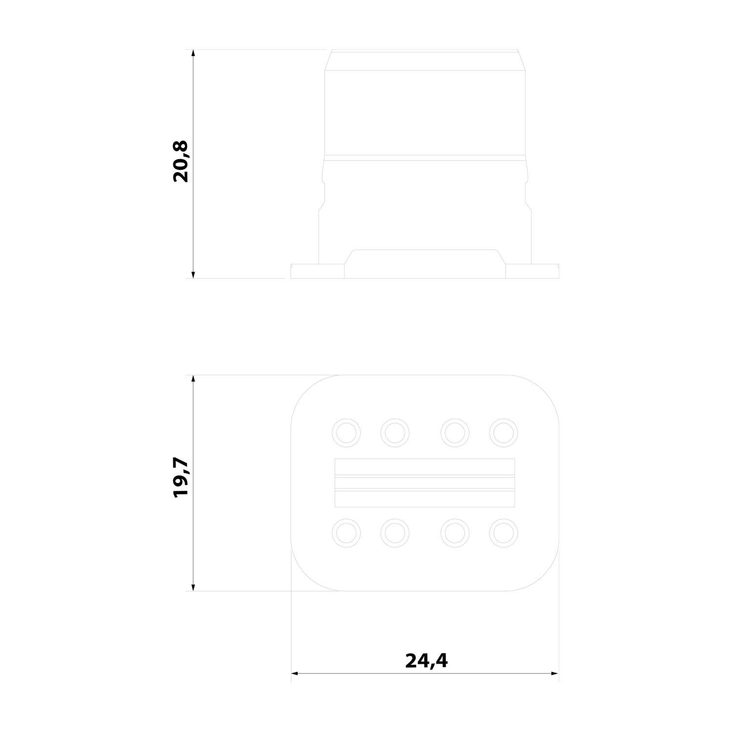 Technische Zeichnung einer rechteckigen Komponente mit acht Löchern, Abmessungen: 20,8 x 24,4 Einheiten horizontal, 19,7 Einheiten vertikal.