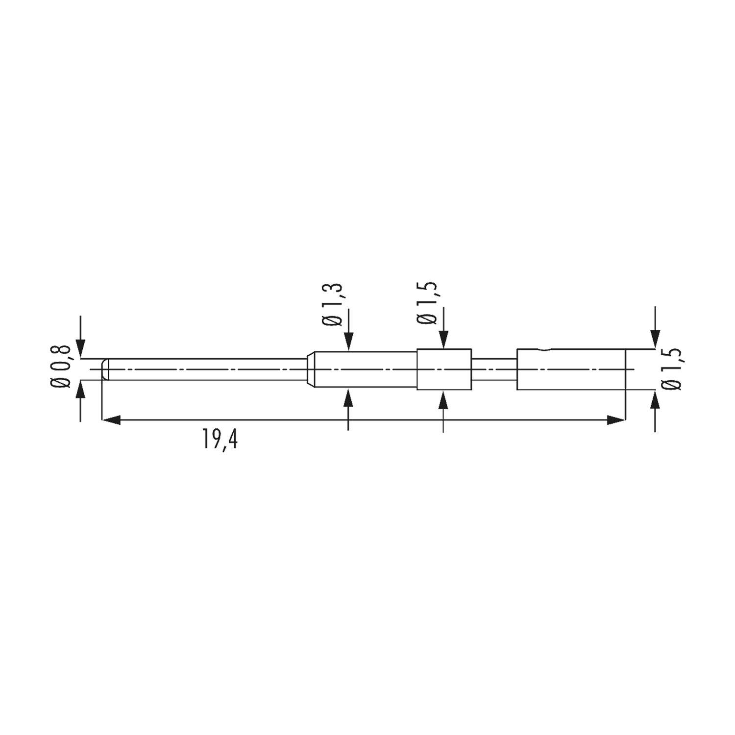 Technische Zeichnung eines zylindrischen Objekts mit Abmessungen. Länge: 19,4 Einheiten. Durchmesser variiert: 0,8, 1,3, 1,5 Einheiten.