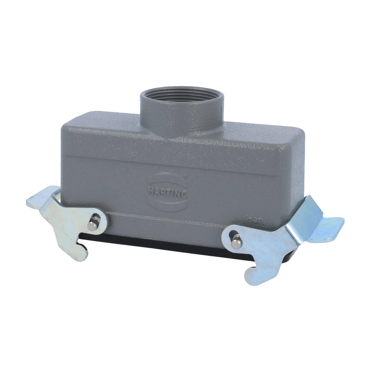 Ein grauer industrieller Anschlussgehäuse mit Metallklemmen an jeder Seite und einer oberen Gewindeöffnung für eine sichere Befestigung.