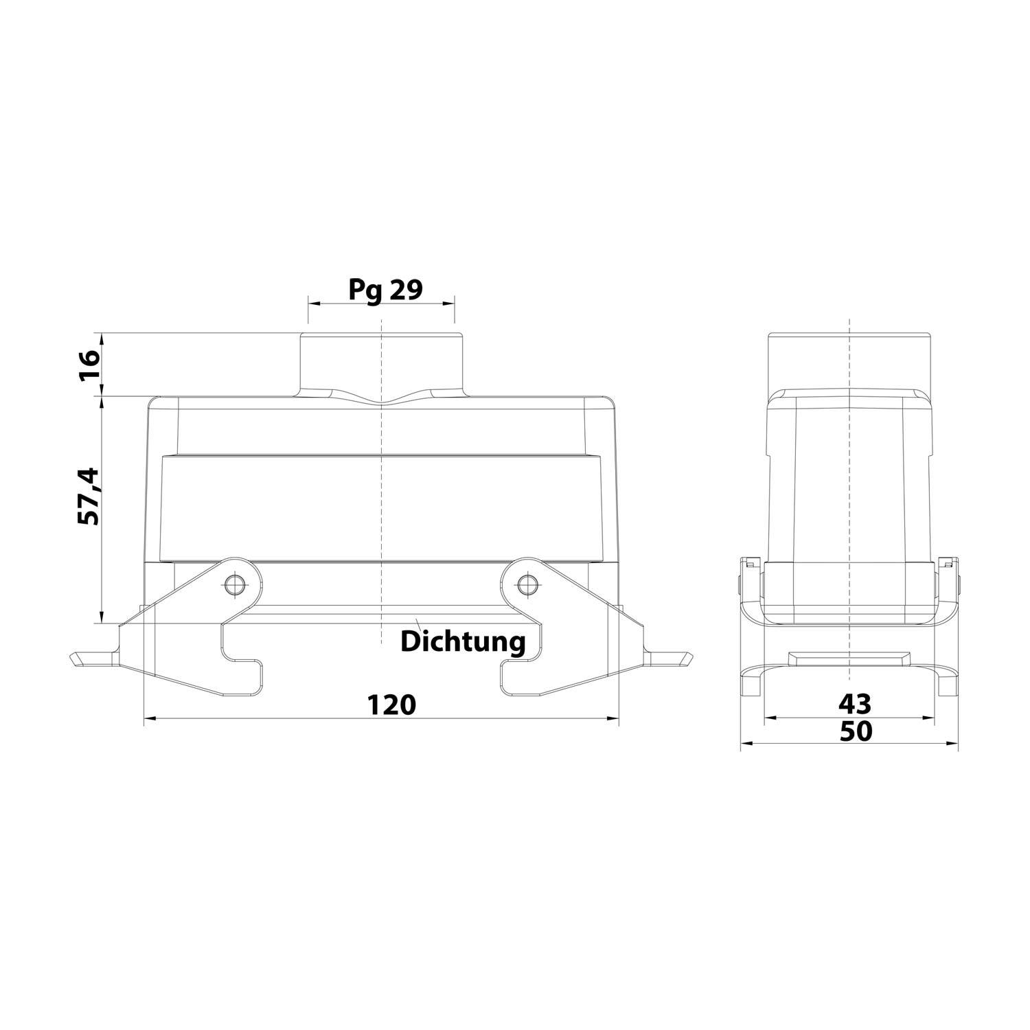 04300241731 HARTING Han 24B Kupplungsgehäuse niedrig, 1xPG29 gerader Kabelabgang, mit 2 Querbügeln Verschraubung PG29