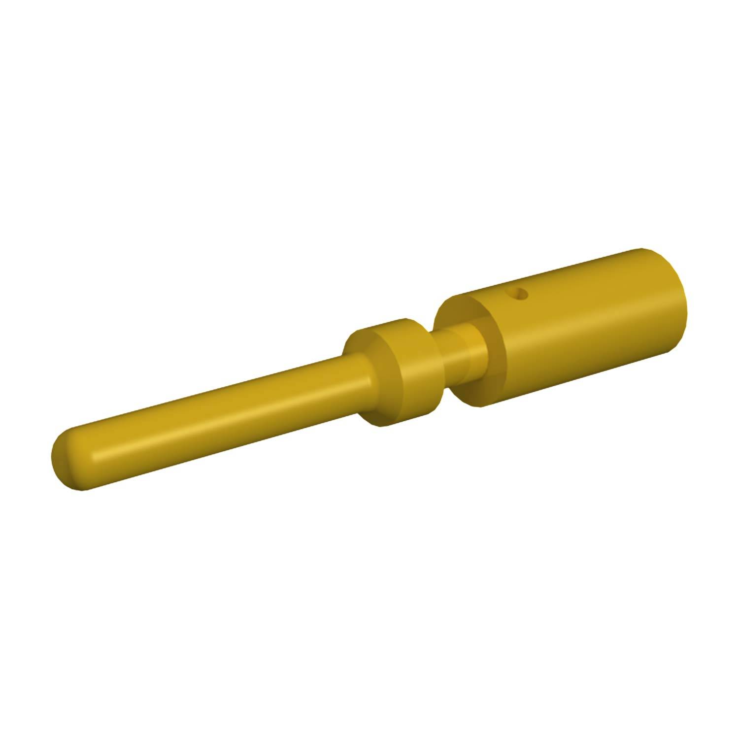 Eine gelbe zylindrische Metallkomponente mit einer längeren Welle und einem kürzeren, dickeren Segment, möglicherweise ein mechanischer oder elektronischer Anschluss.