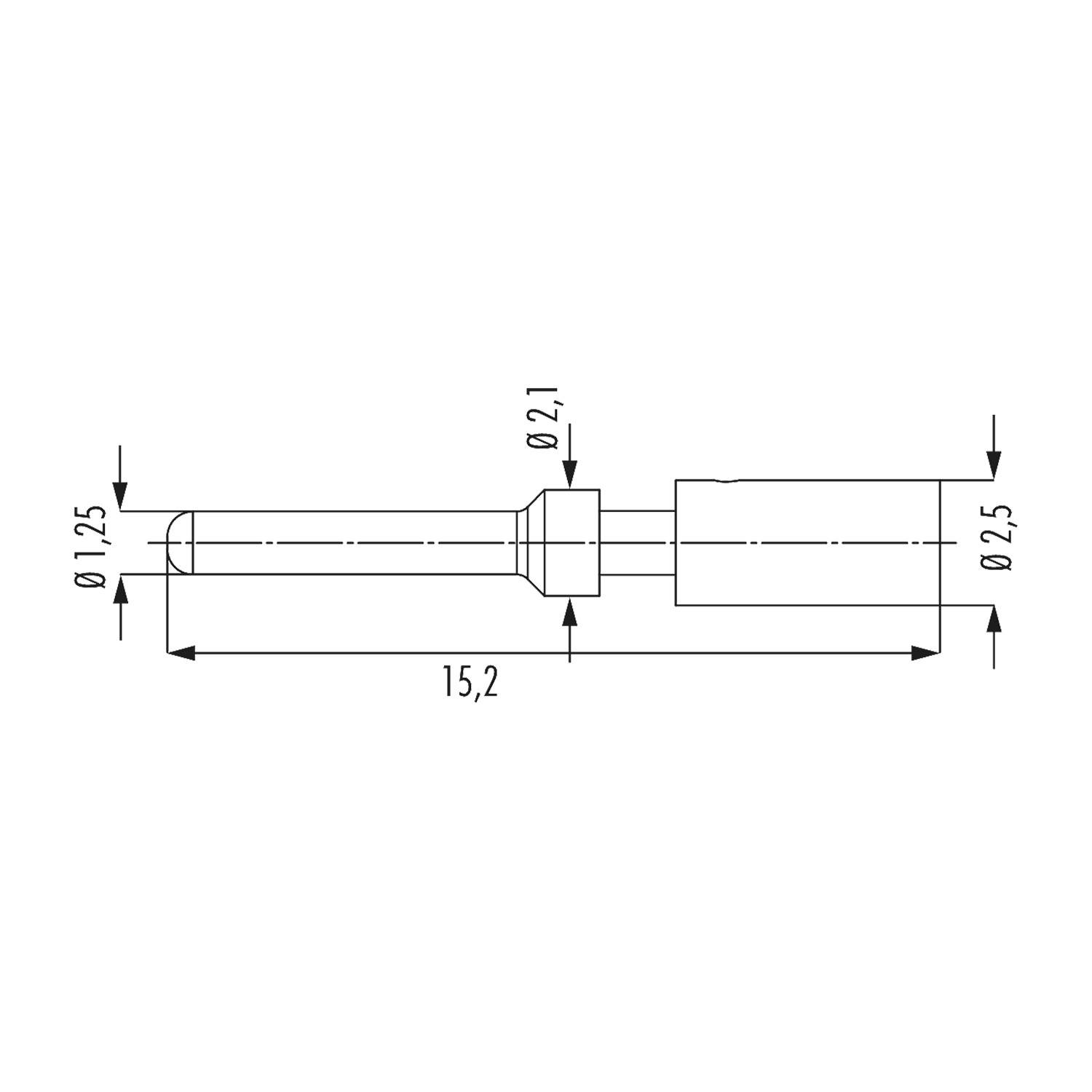 Eine technische Zeichnung eines zylindrischen Verbindungsstifts mit Abmessungen: Länge 15,2 mm, Durchmesser 1,25 mm und 2,5 mm in verschiedenen Abschnitten.