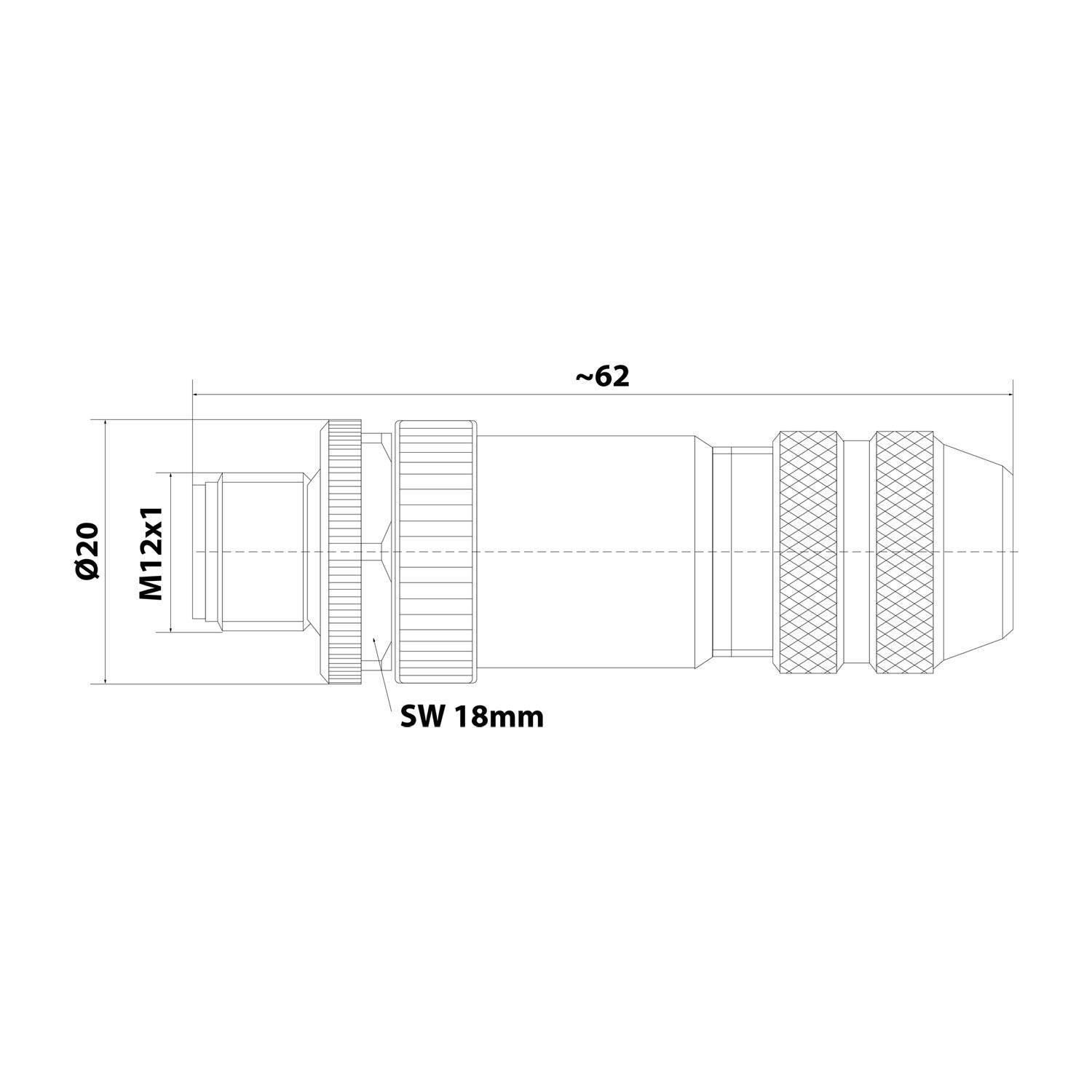 Technische Zeichnung einer zylindrischen Komponente mit einer Breite von ungefähr 62 mm, Durchmesser 20 mm, beschriftet mit M12x1. Verfügt über einen sechseckigen Abschnitt, markiert mit SW 18 mm.