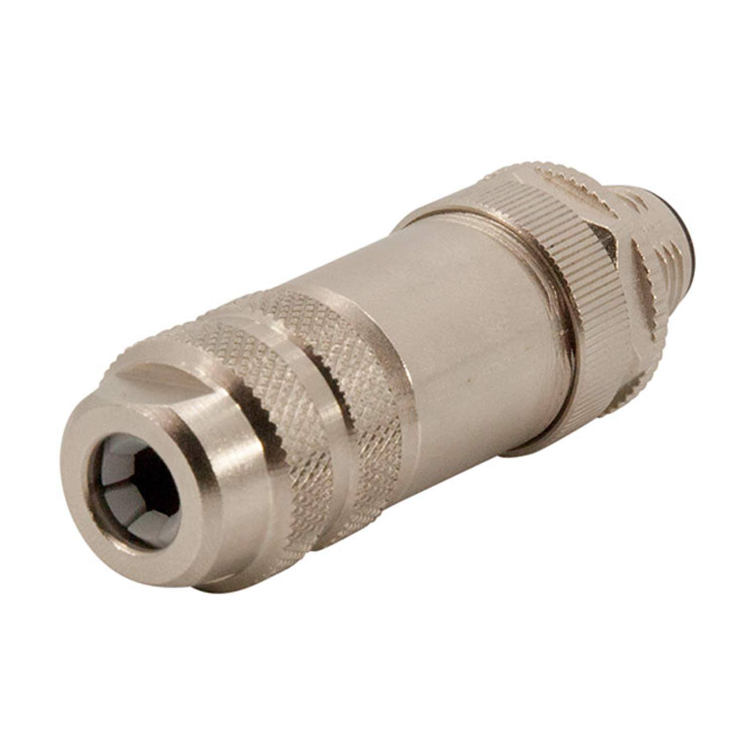 Ein Metallstecker für Audiogeräte mit einer zylindrischen Form und detaillierten Griffmustern, der zum Verbinden von Audioausrüstung verwendet wird.