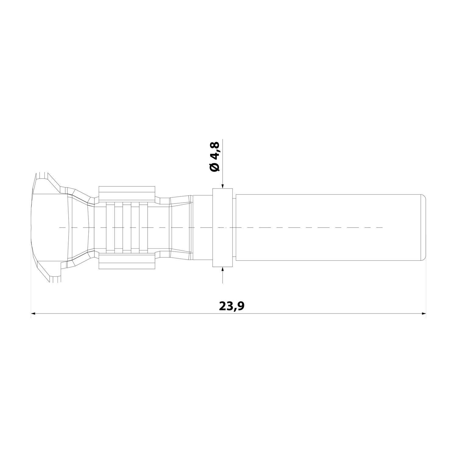 Technische Zeichnung eines zylindrischen Objekts mit Dimensionen: 23,9 Einheiten breit, 9,48 Einheiten Durchmesser. Enthält detaillierte Schnittansichten.