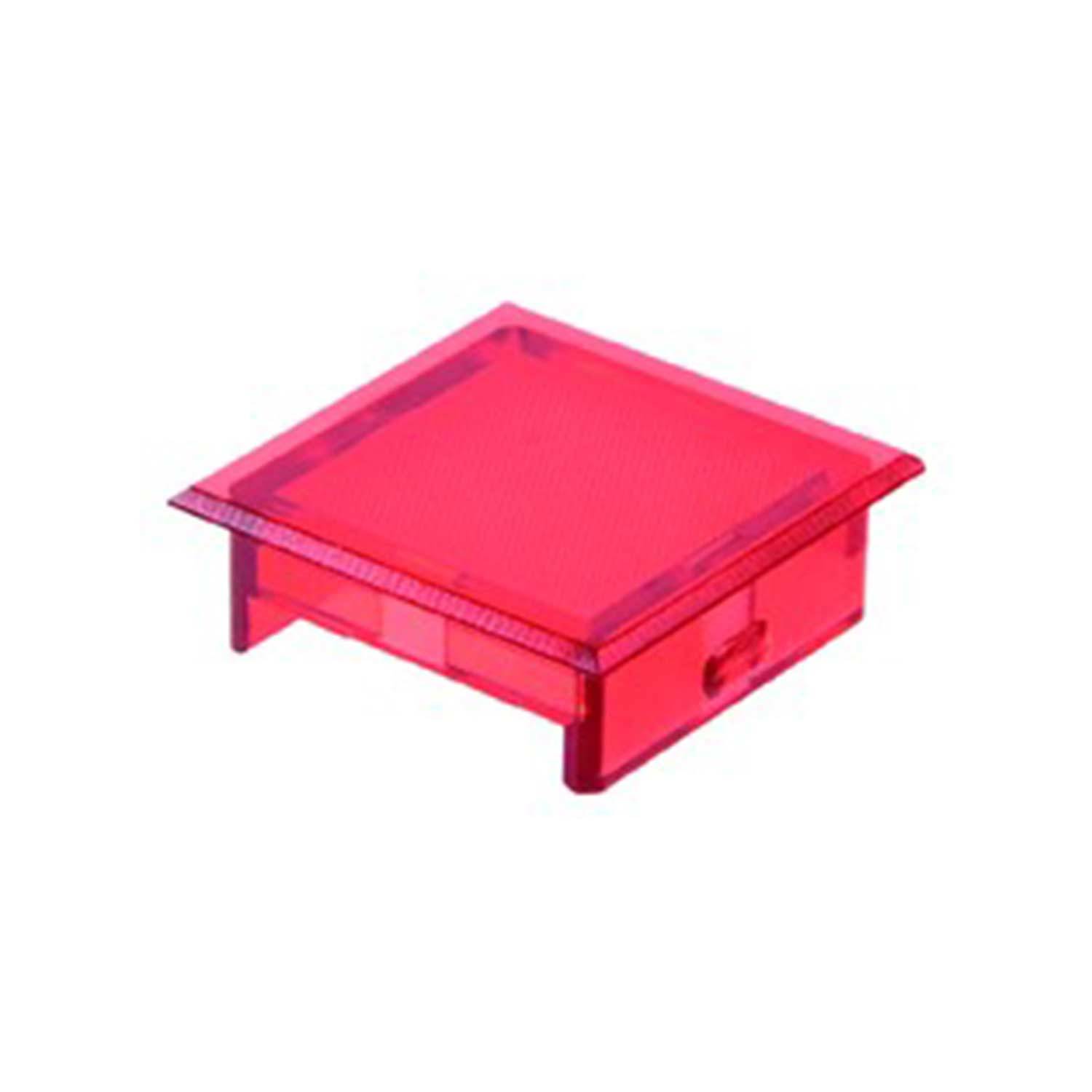 Ein transparenter, roter Quadratstein mit glatter Oberfläche, erhabenen Kanten und seitlichen Laschen, der üblicherweise in Bausteinsets verwendet wird.