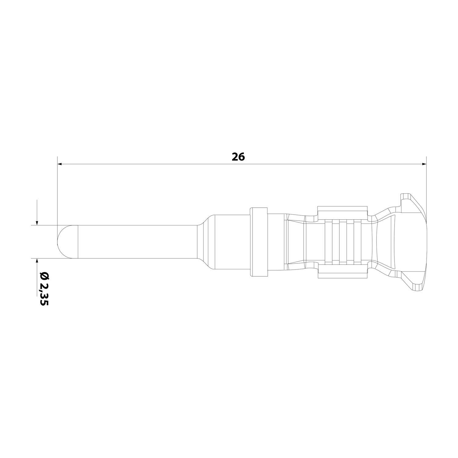 Technische Zeichnung einer Komponente mit Abmessungen: Länge 26 mm, Durchmesser 2,35 mm. Beinhaltet strukturelle Details für präzise Herstellung.