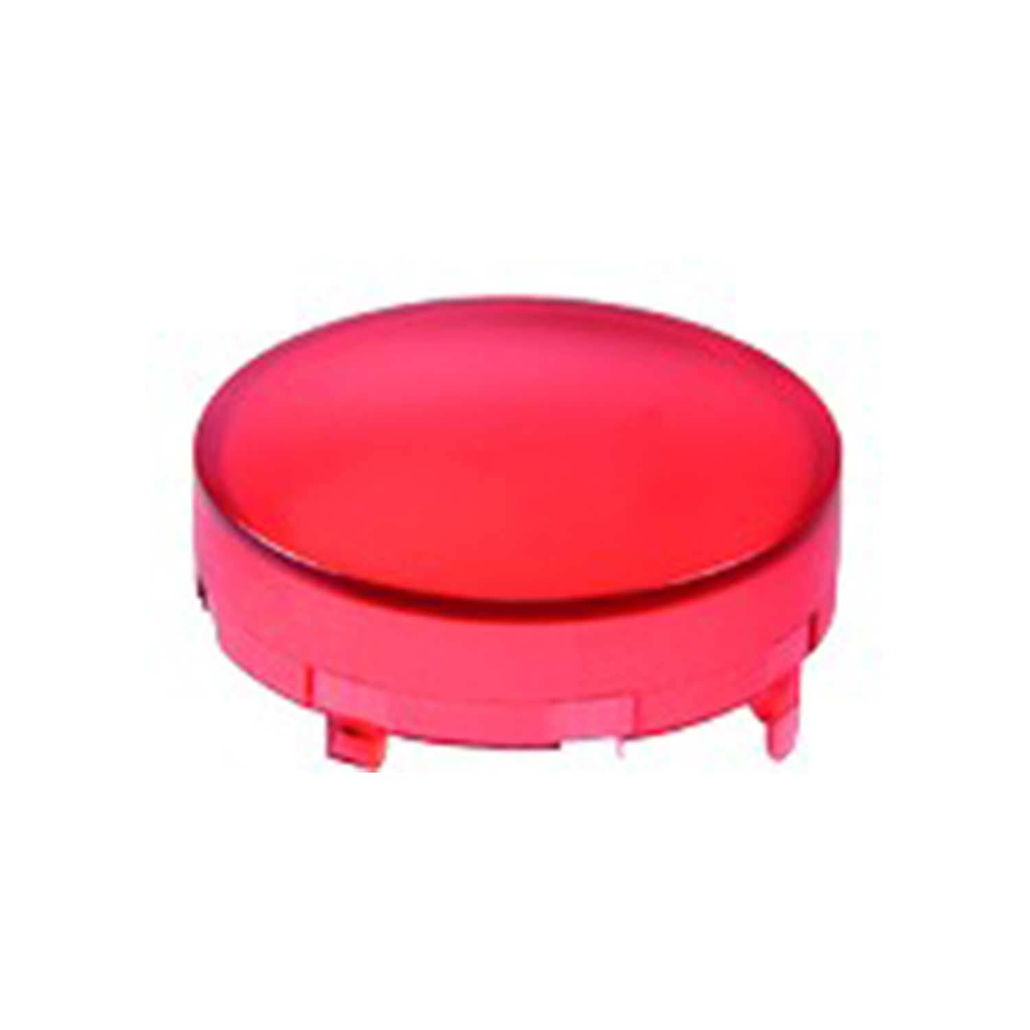 Ein roter, kreisförmiger Druckknopf mit einer flachen Oberfläche und kleinen seitlichen Laschen, der üblicherweise bei Maschinen oder elektronischen Geräten eingesetzt wird.