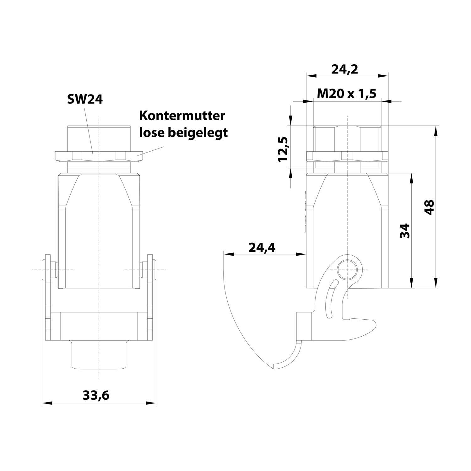 Technische Zeichnung eines Bolzens mit Abmessungen. Schlüsselmessungen: 33,6 mm Breite, 34 mm Länge, M20x1,5 Gewinde. Hinweis: 