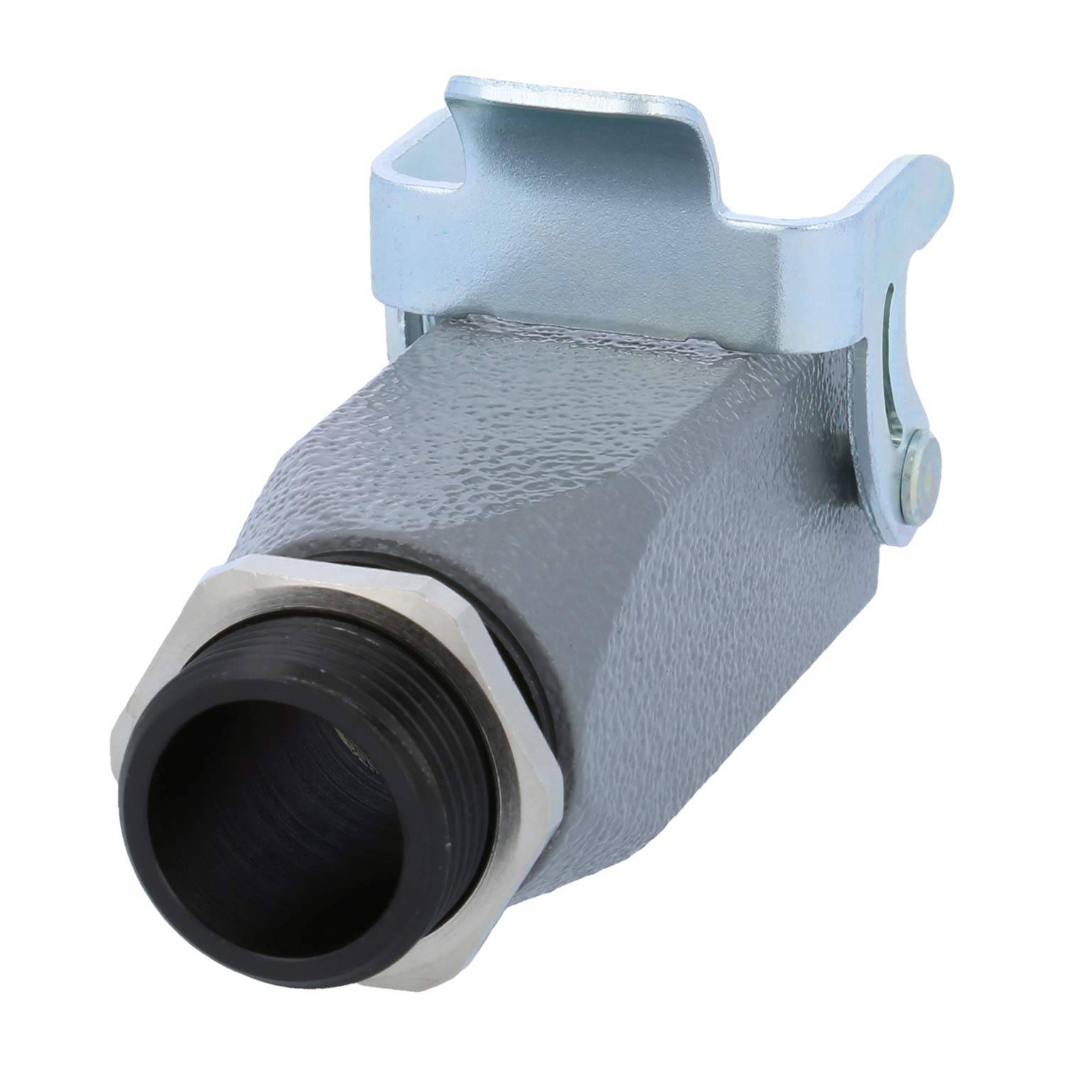 Eine Metallstromführungsarmatur mit einer Klemmvorrichtung für sichere Verbindungen, in grau-schwarzer Ausführung dargestellt.