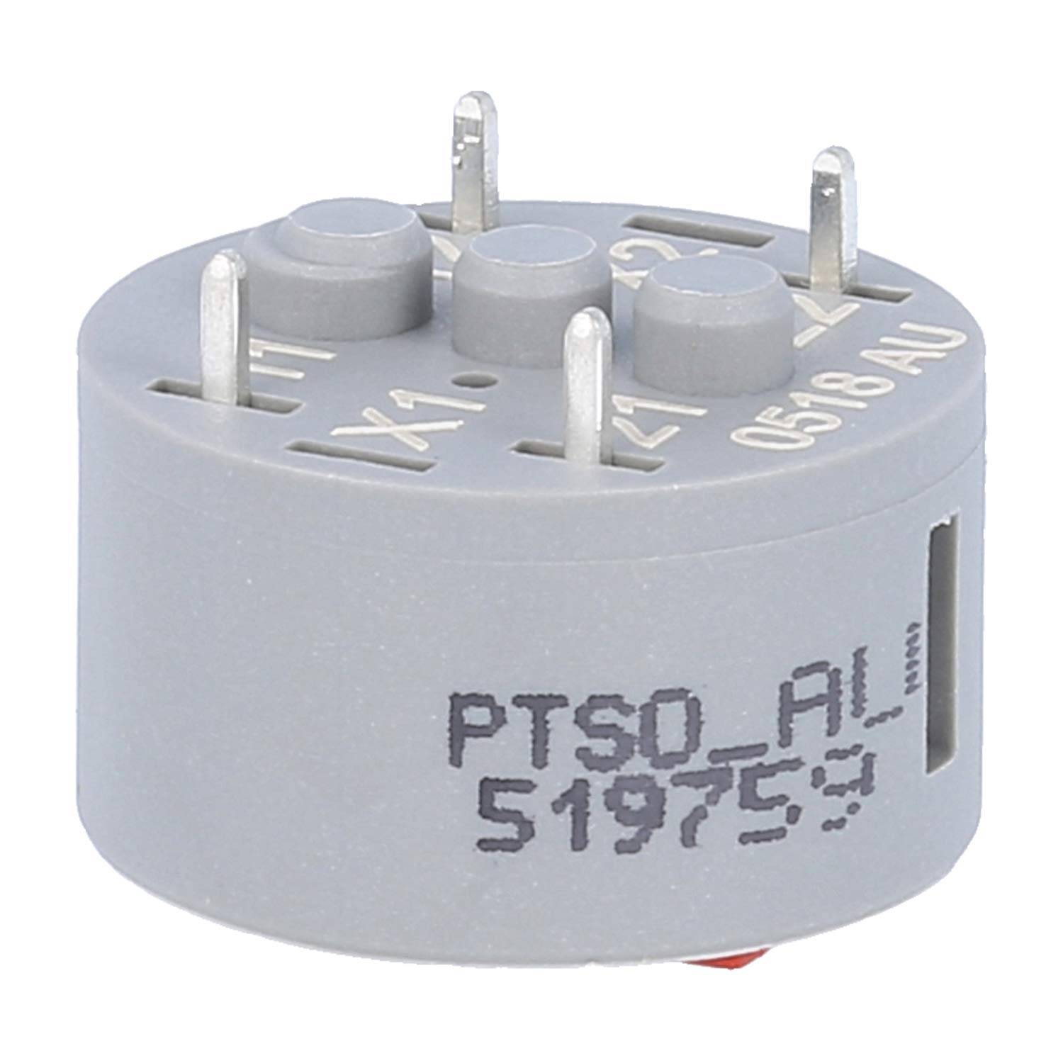 Eine runde, graue elektronische Komponente mit mehreren Pins, die von oben herausragen, mit der Beschriftung „PTSO AI 519753