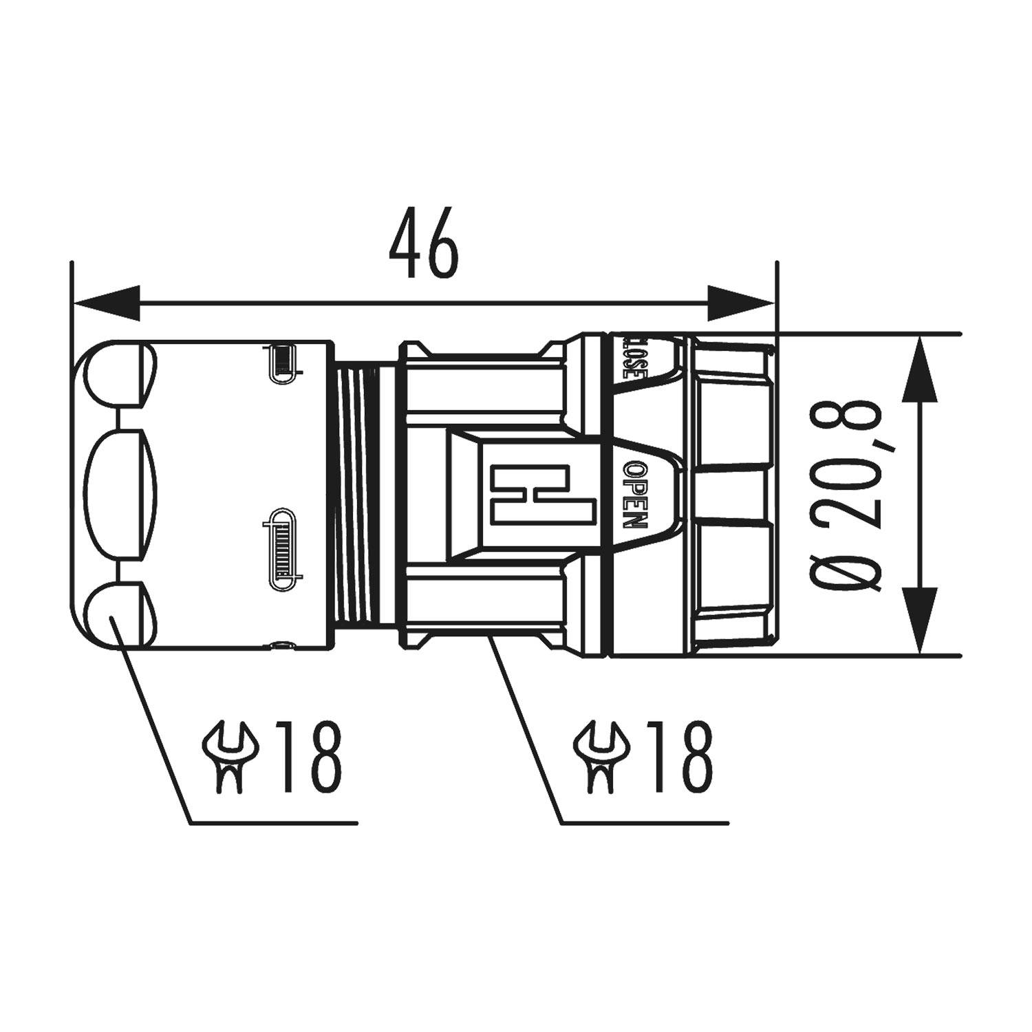 Schematische Darstellung eines zylindrischen Objekts mit einem Durchmesser von 20,8 mm und einer Länge von 46 mm, mit Öffnen/Schließen-Indikatoren und Schraubenschlüsselgröße von 18 mm.