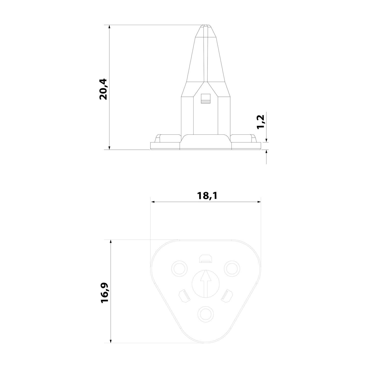 „Technische Zeichnung eines dreimundigen Geräts mit spitzer Oberseite. Maße: Höhe 20,4 cm, Breite 18,1 cm, Basishöhe 16,9 cm, Spitzenbreite 1,2 cm.