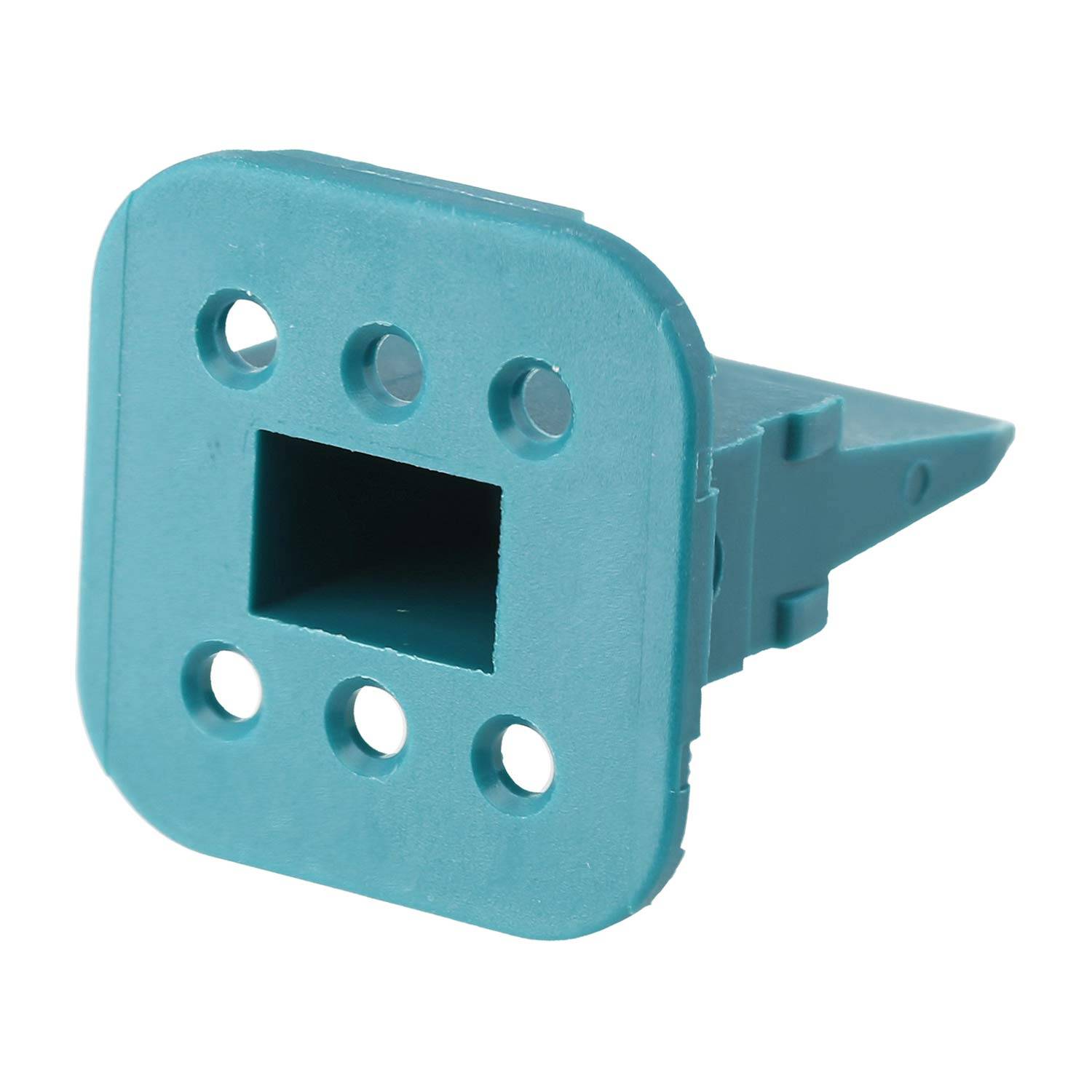 Ein blauer quadratischer Kunststoffverbinder mit einer zentralen rechteckigen Öffnung und vier kreisförmigen Löchern, leicht nach rechts geneigt.