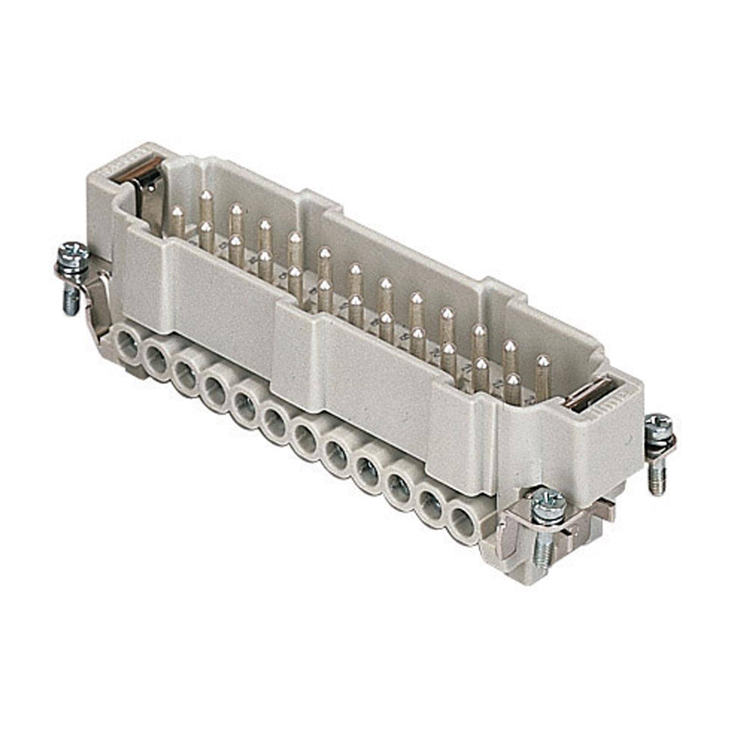 Ein rechteckiger elektrischer Stecker mit mehreren Metallstiften, geeignet für industrielle Anwendungen, dargestellt in einem grauen Gehäuse mit Schraubanschlüssen.