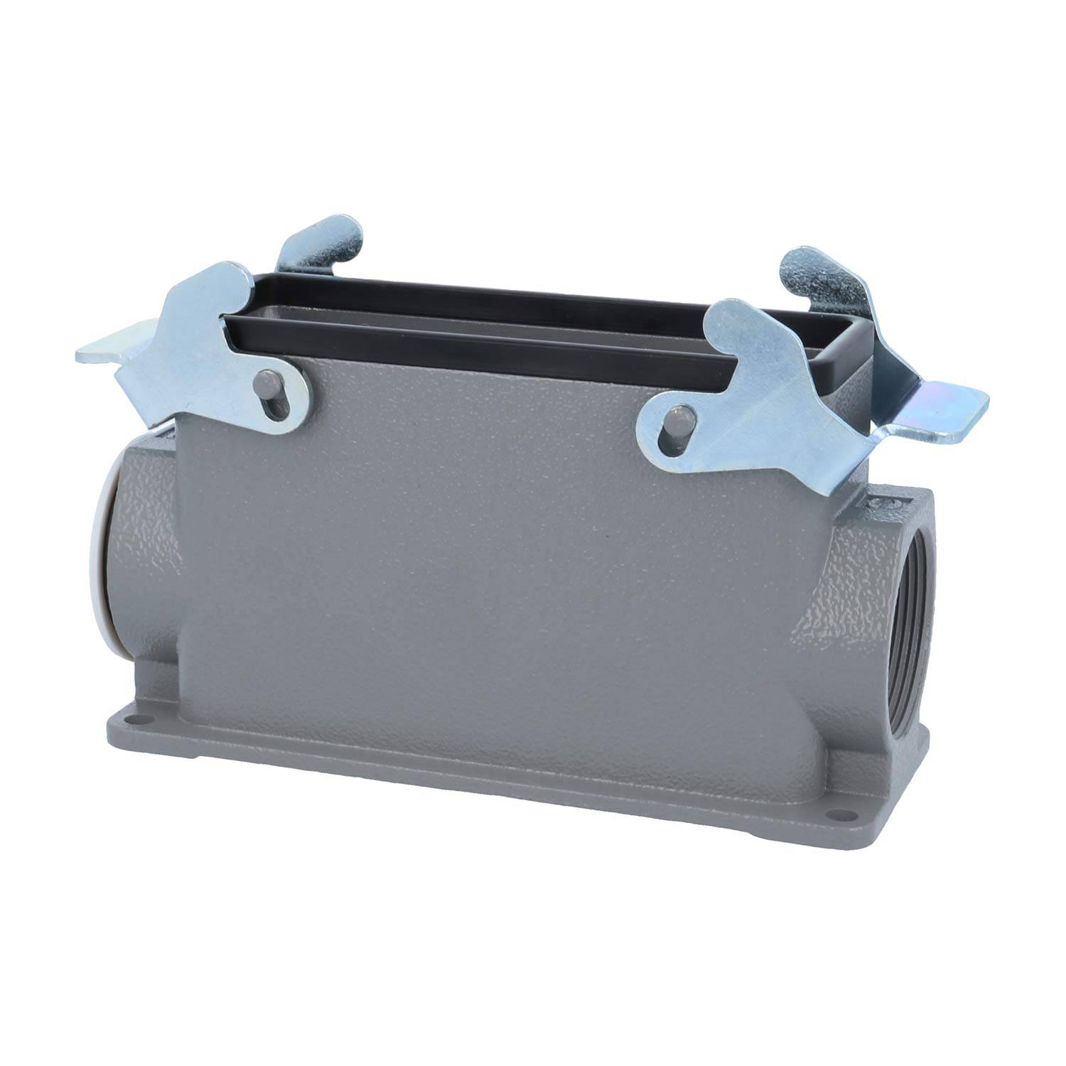 Rechteckiges graues Metallgehäuse für elektrische Anschlüsse mit zwei metallischen Verriegelungen auf der Oberseite und Gewindeenden zur Sicherung von Verbindungen.