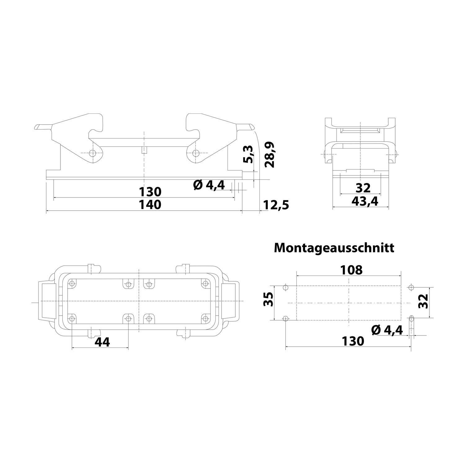 04300240303 HARTING Han 24B für 2 Einsätze Anbaugehäuse mit 2 Querbügeln 2 Sicherheitsbügel Metall - 1Stück