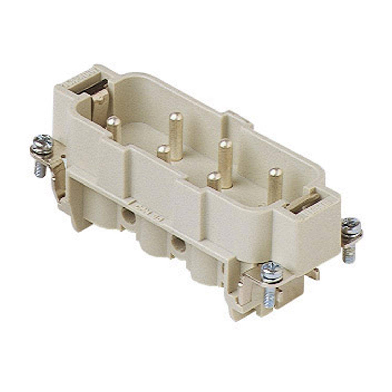 Ein beige-farbener industrieller Verbinder mit Metallstiften und Befestigungsschrauben ist abgebildet, der für elektrische Verbindungen in Maschinen oder Geräten verwendet wird.