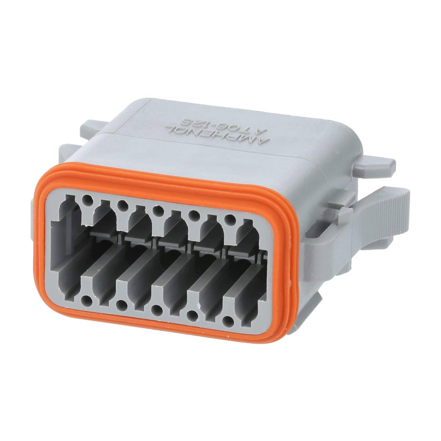 Ein grau-orangefarbener elektrischer Steckverbinder mit mehreren Anschlüssen, entwickelt für sichere und effiziente Strom- oder Datenübertragung in Maschinen.